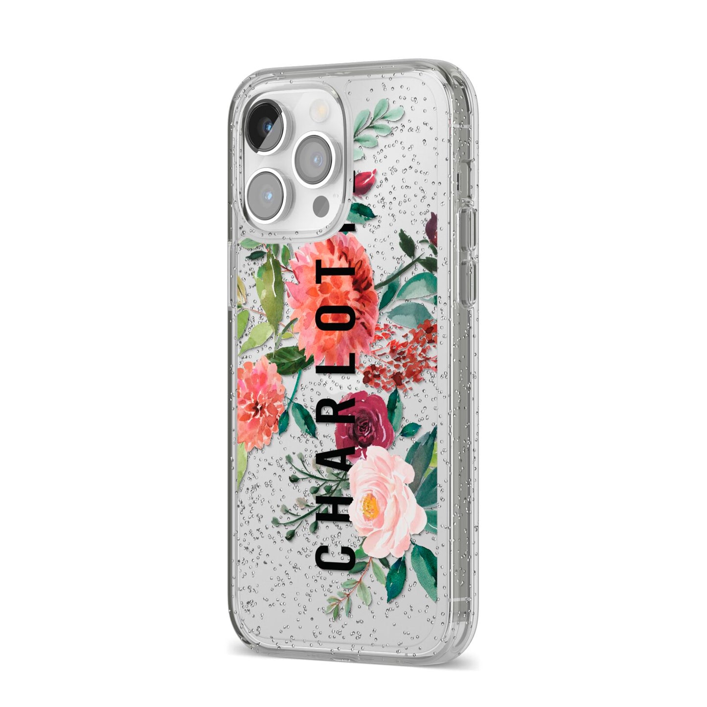 Personalised Side Name Clear Floral iPhone 14 Pro Max Glitter Tough Case Silver Angled Image