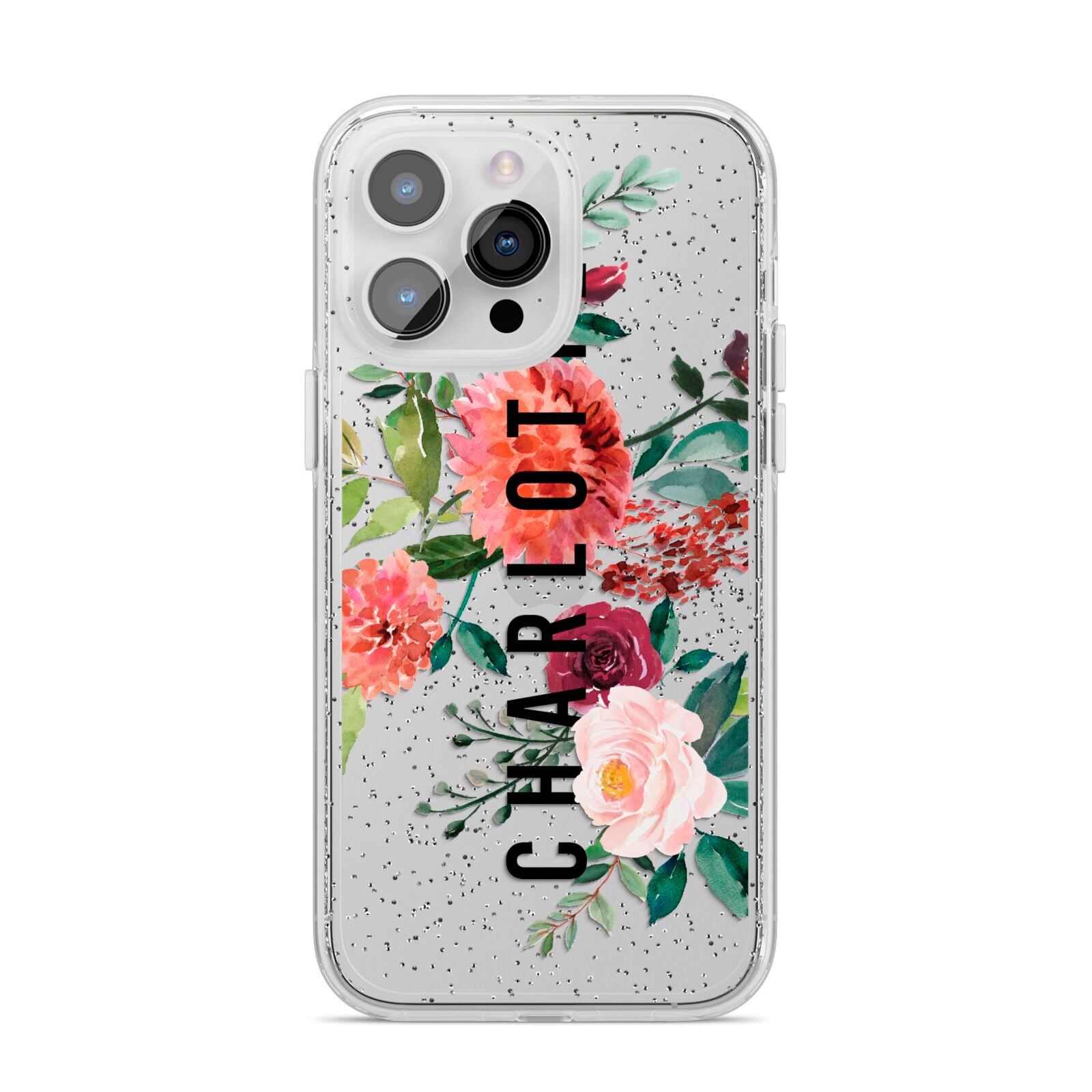 Personalised Side Name Clear Floral iPhone 14 Pro Max Glitter Tough Case Silver