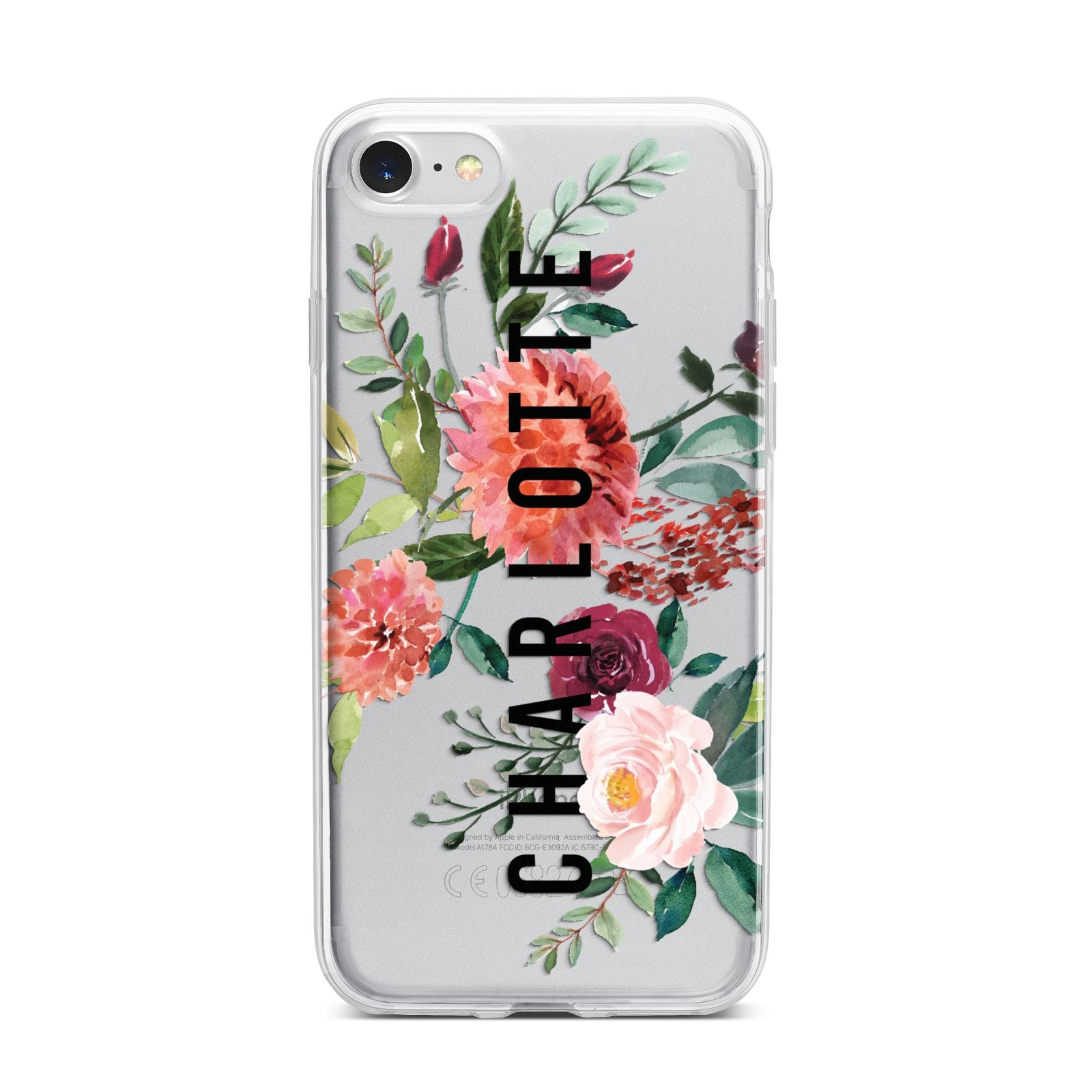 Personalised Side Name Clear Floral iPhone 7 Bumper Case on Silver iPhone