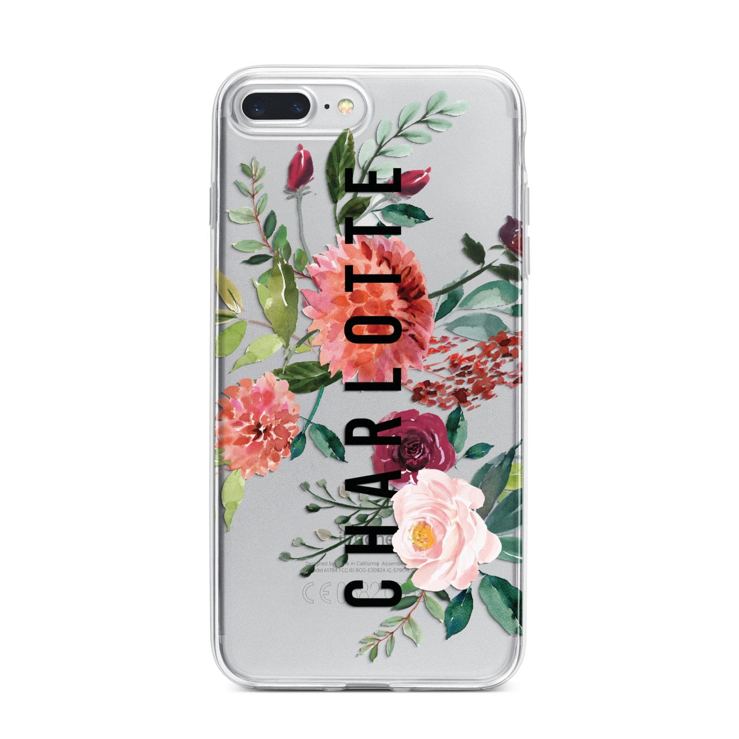 Personalised Side Name Clear Floral iPhone 7 Plus Bumper Case on Silver iPhone