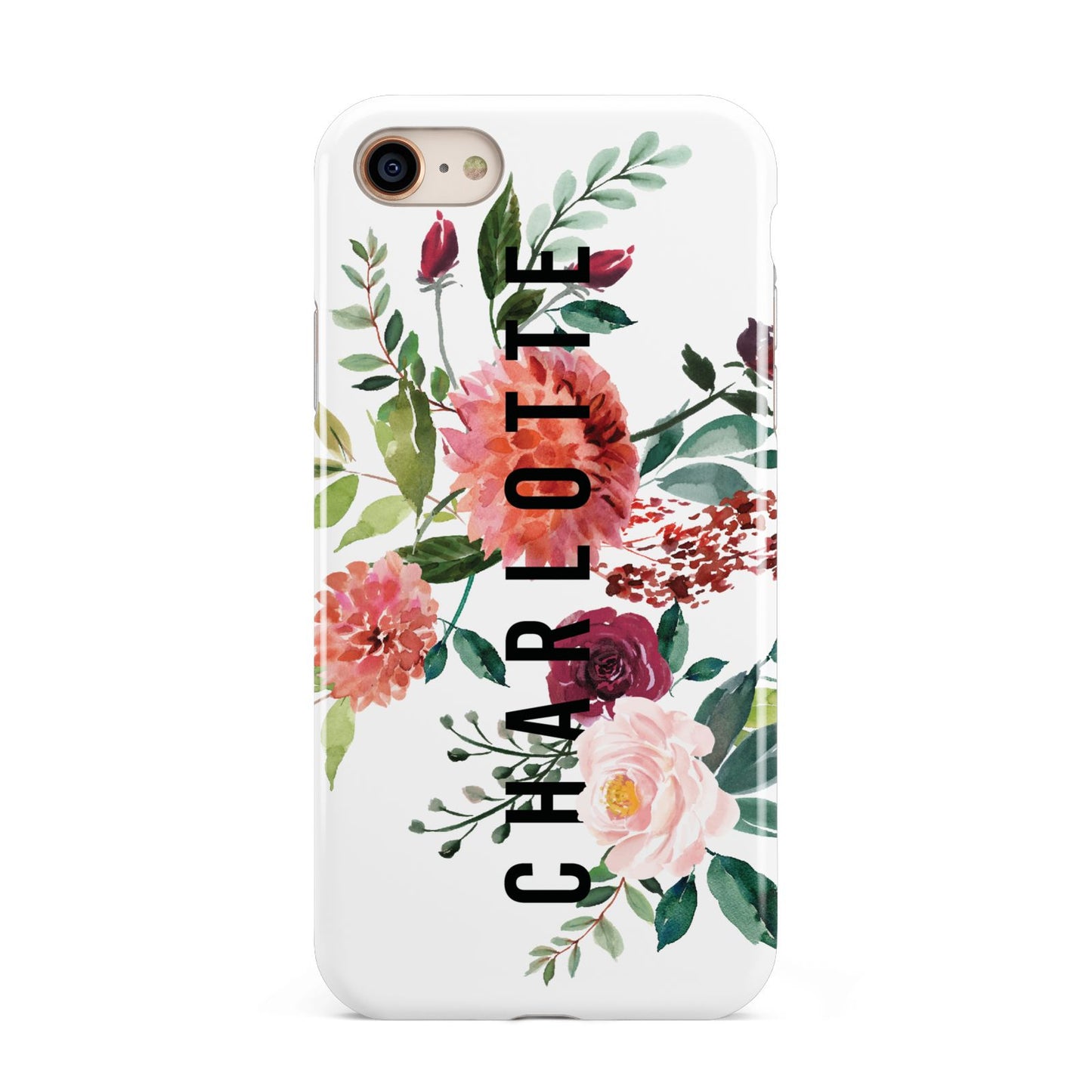 Personalised Side Name Clear Floral iPhone 8 3D Tough Case on Gold Phone