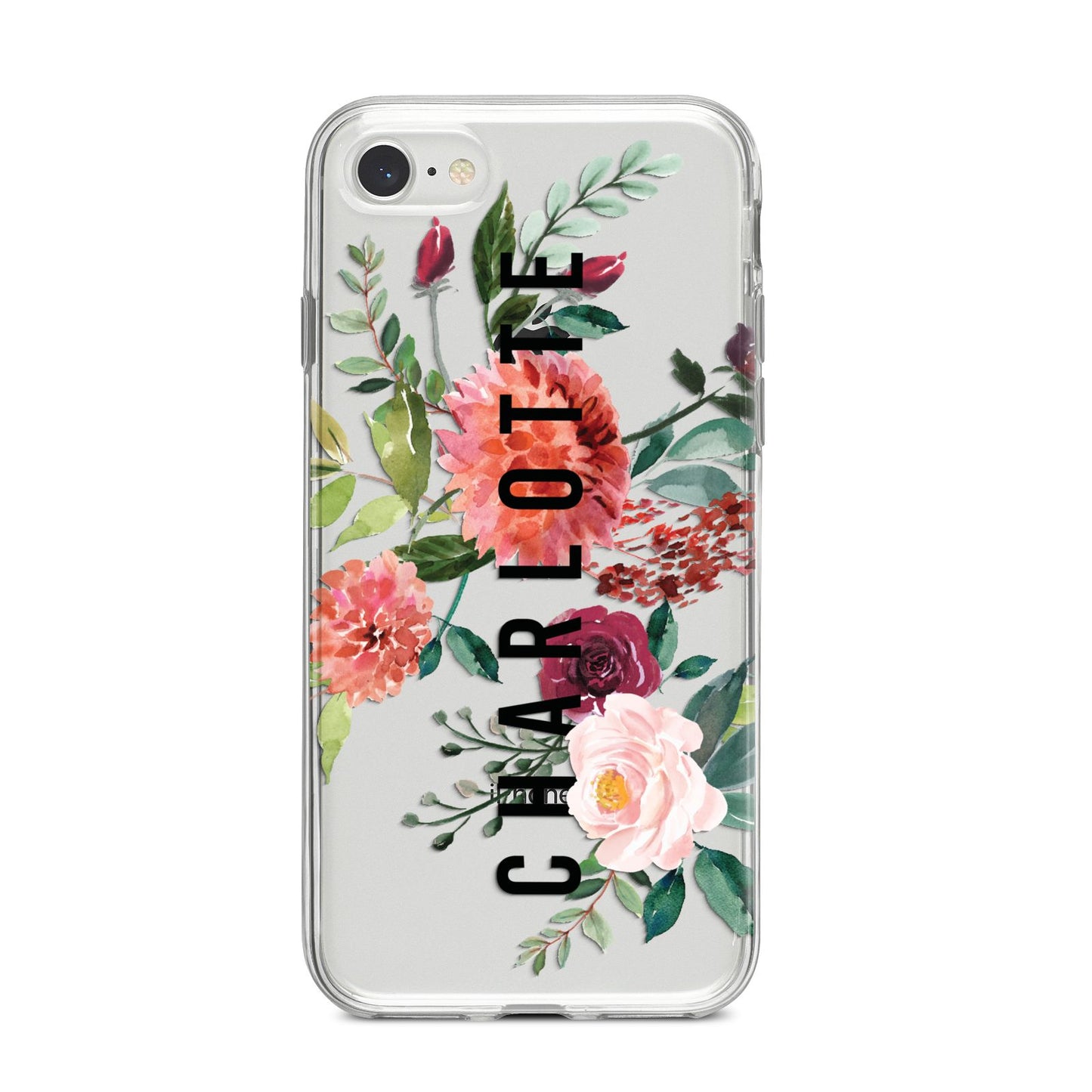 Personalised Side Name Clear Floral iPhone 8 Bumper Case on Silver iPhone