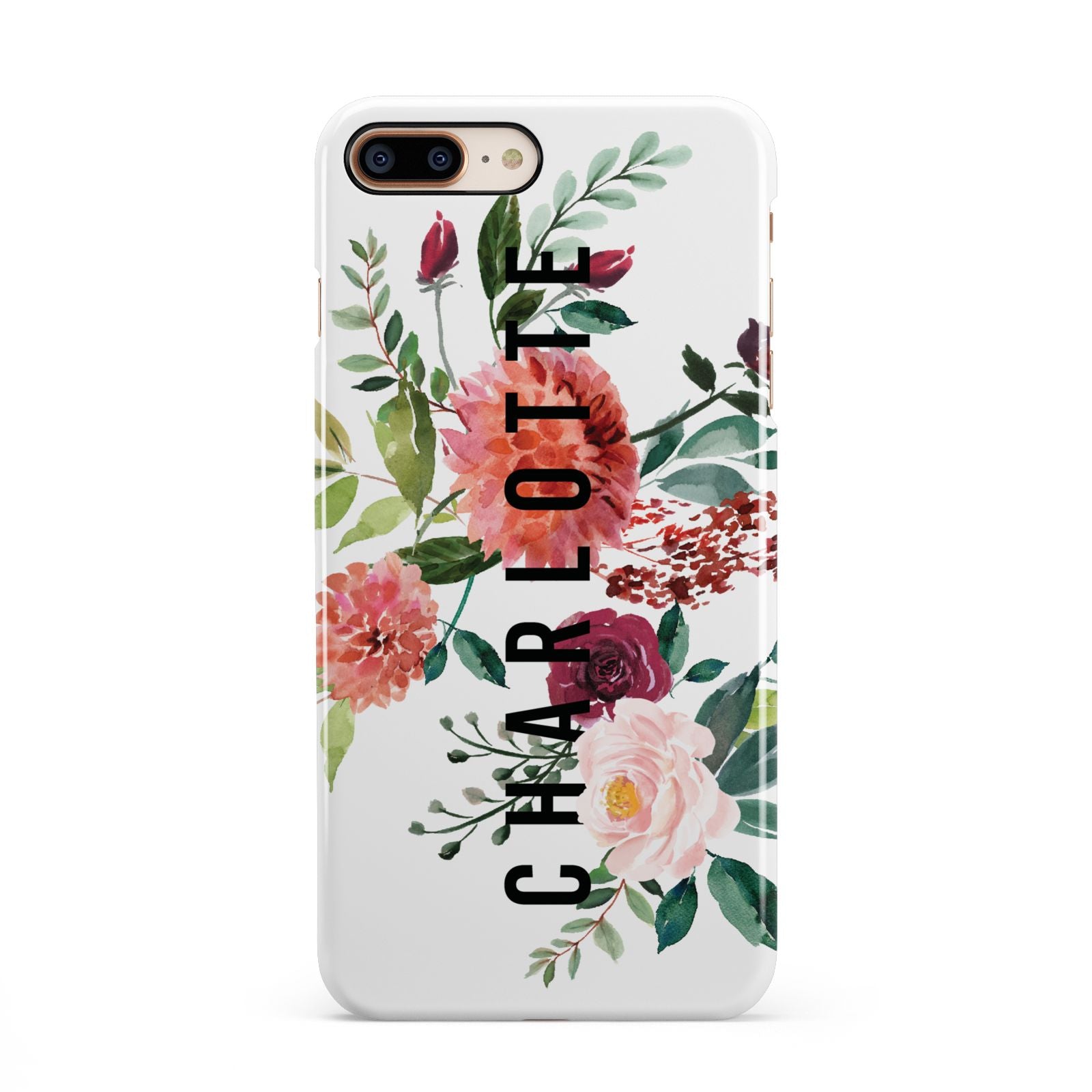 Personalised Side Name Clear Floral iPhone 8 Plus 3D Snap Case on Gold Phone