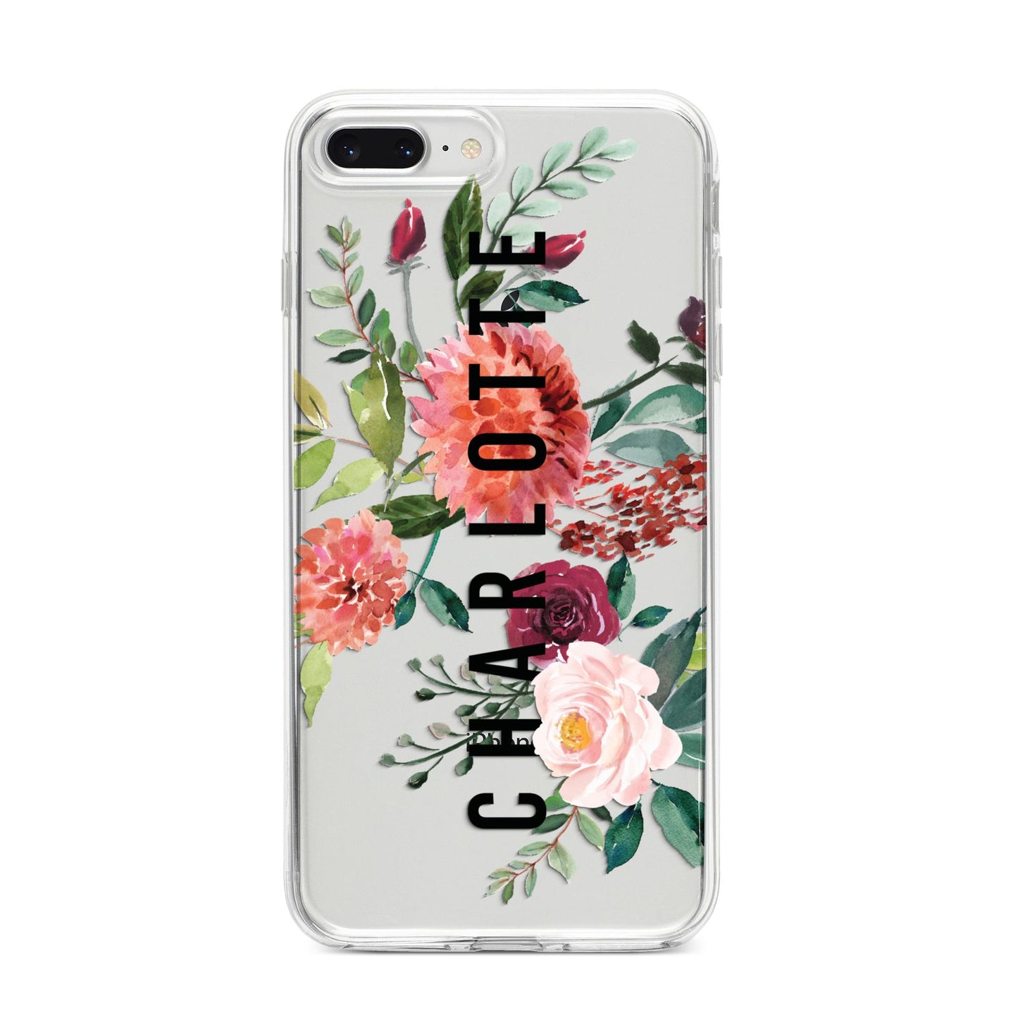 Personalised Side Name Clear Floral iPhone 8 Plus Bumper Case on Silver iPhone