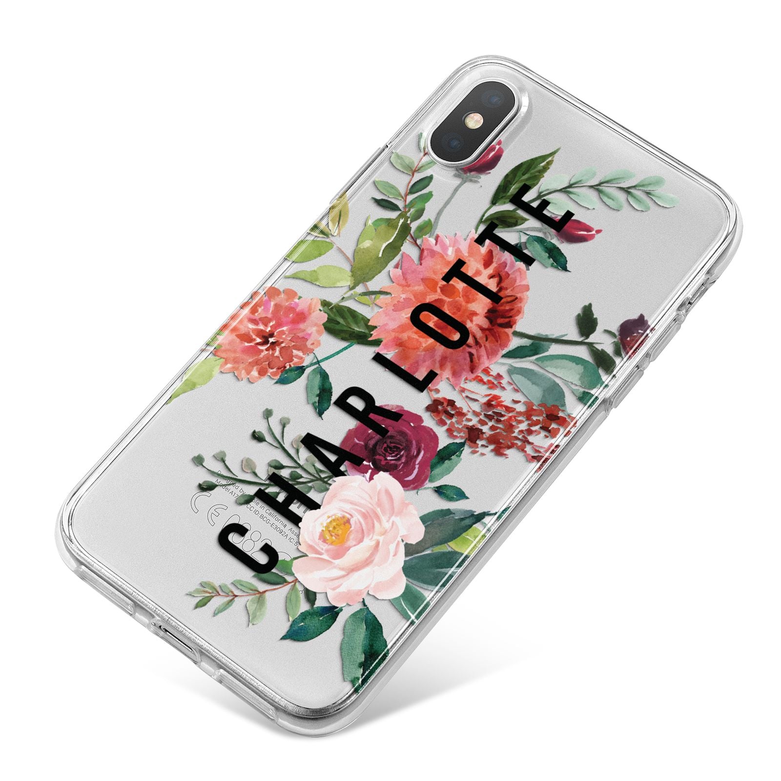 Personalised Side Name Clear Floral iPhone X Bumper Case on Silver iPhone