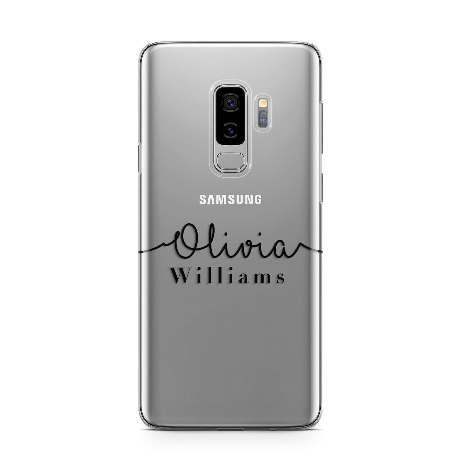 Personalised Signature Name Black Samsung Galaxy S9 Plus Case on Silver phone