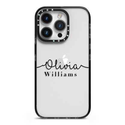 Personalised Signature Name Black iPhone 14 Pro Black Impact Case on Silver phone