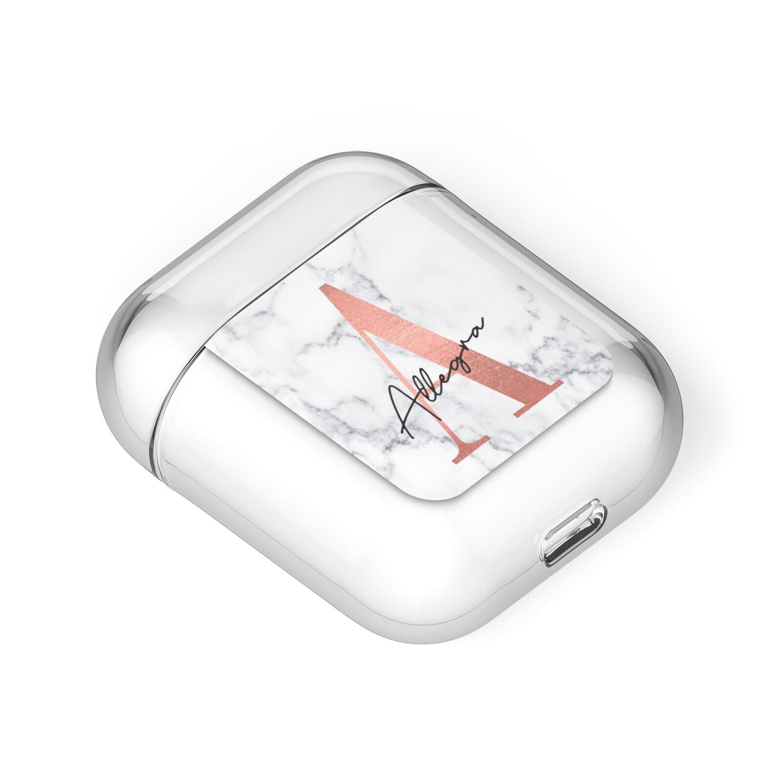 Personalised Signature Rose Gold Marble AirPods Case Laid Flat