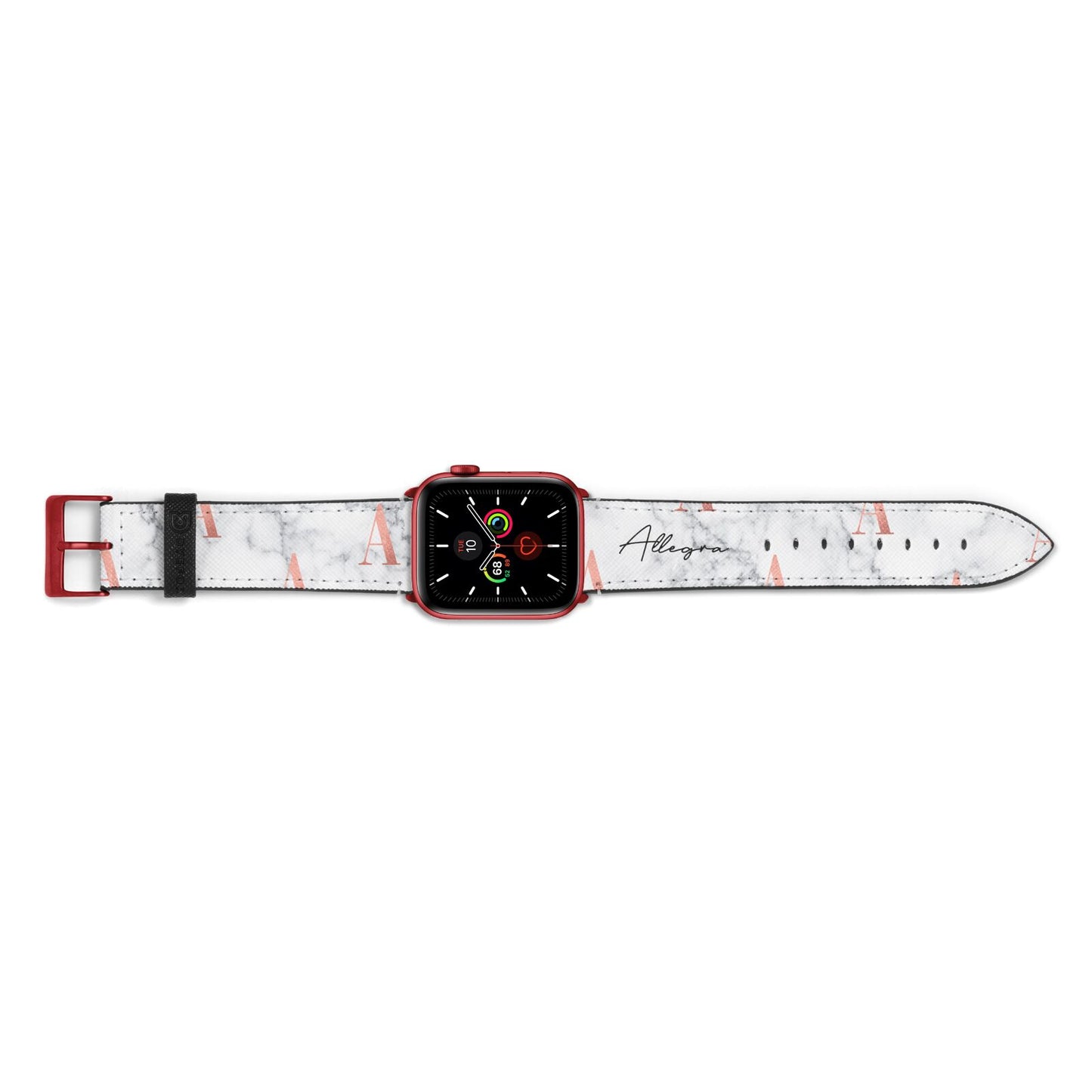 Personalised Signature Rose Gold Marble Apple Watch Strap Landscape Image Red Hardware