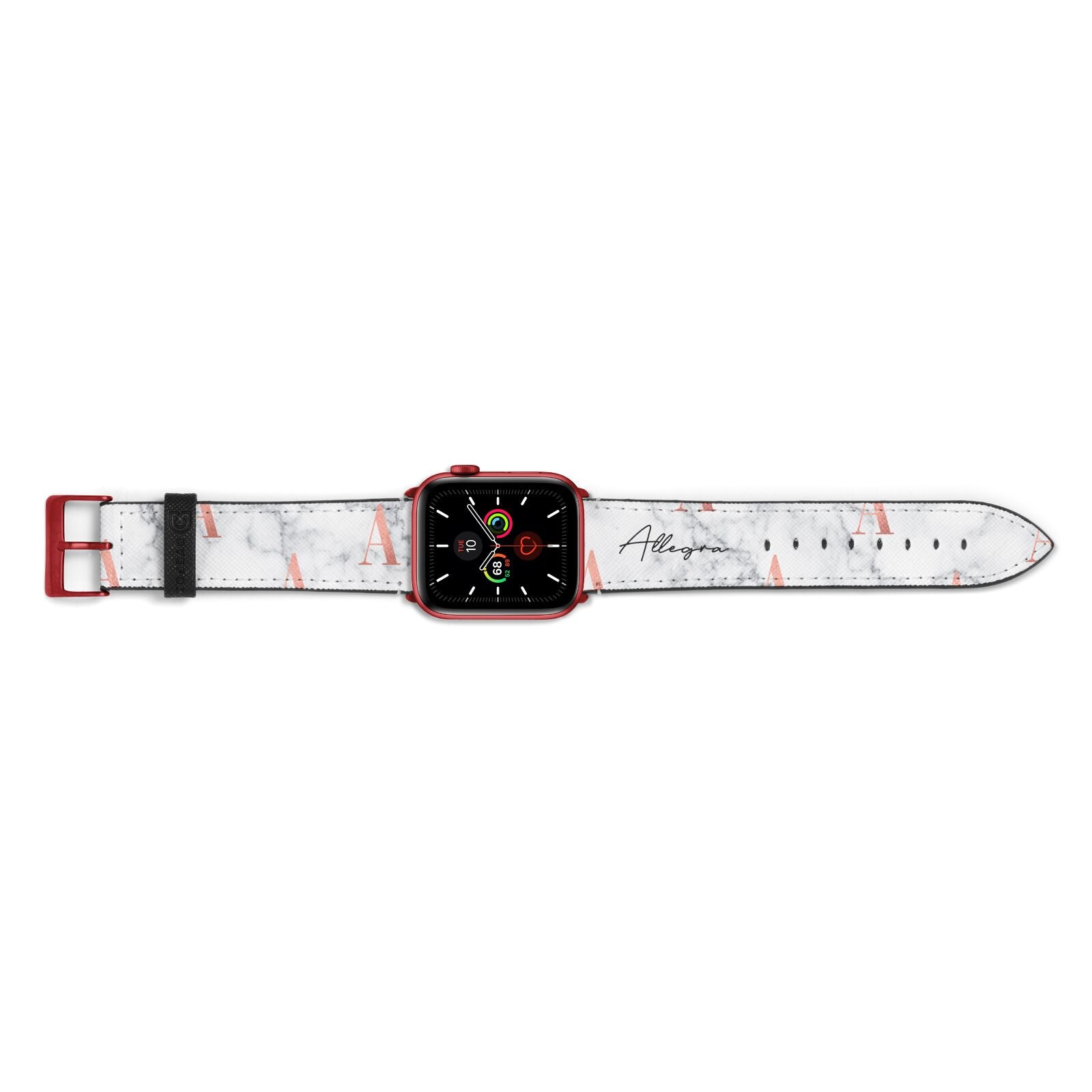 Personalised Signature Rose Gold Marble Apple Watch Strap Landscape Image Red Hardware
