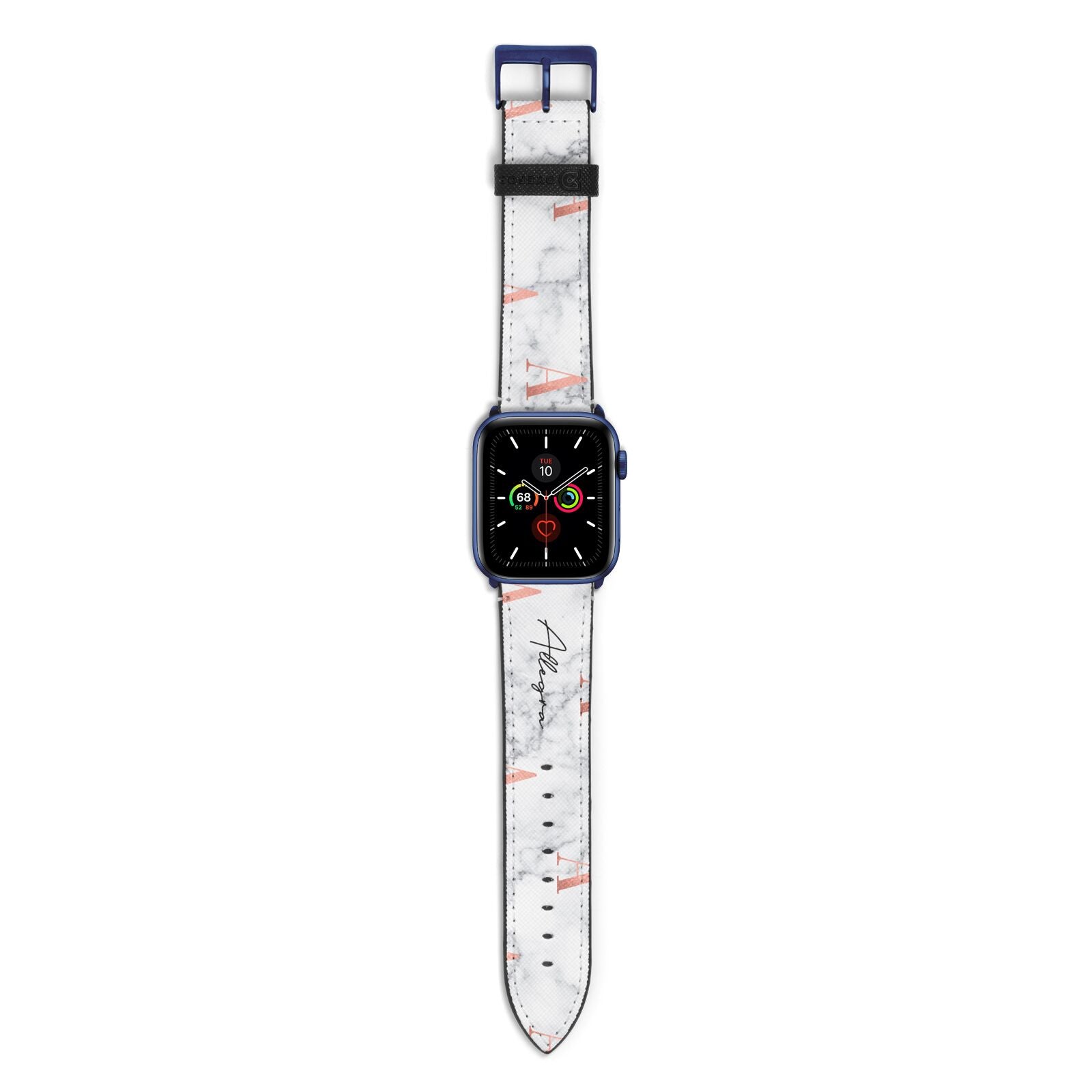Personalised Signature Rose Gold Marble Apple Watch Strap with Blue Hardware