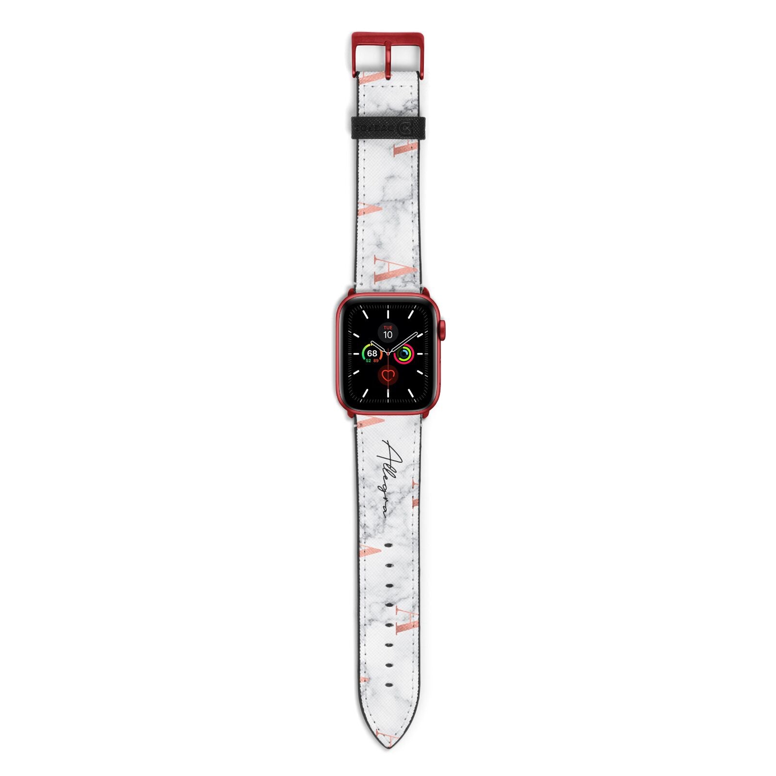 Personalised Signature Rose Gold Marble Apple Watch Strap with Red Hardware