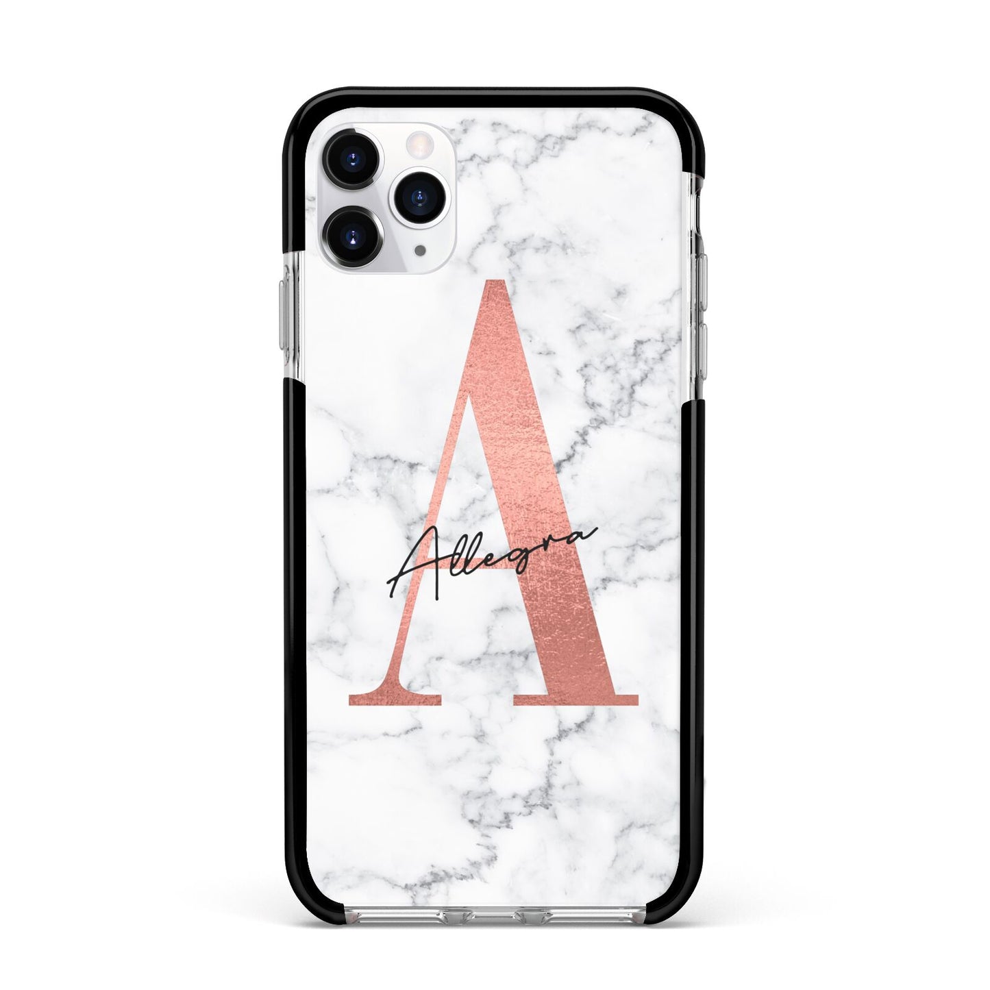 Personalised Signature Rose Gold Marble Apple iPhone 11 Pro Max in Silver with Black Impact Case