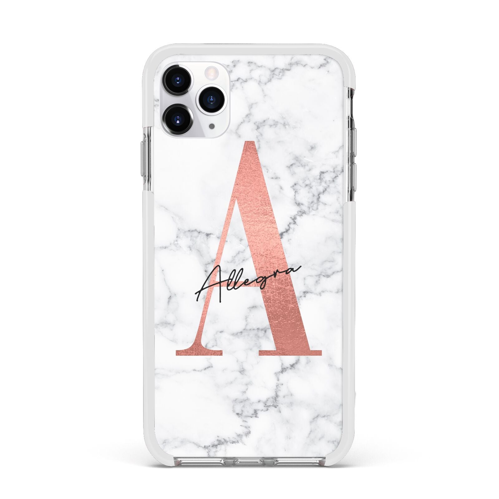 Personalised Signature Rose Gold Marble Apple iPhone 11 Pro Max in Silver with White Impact Case
