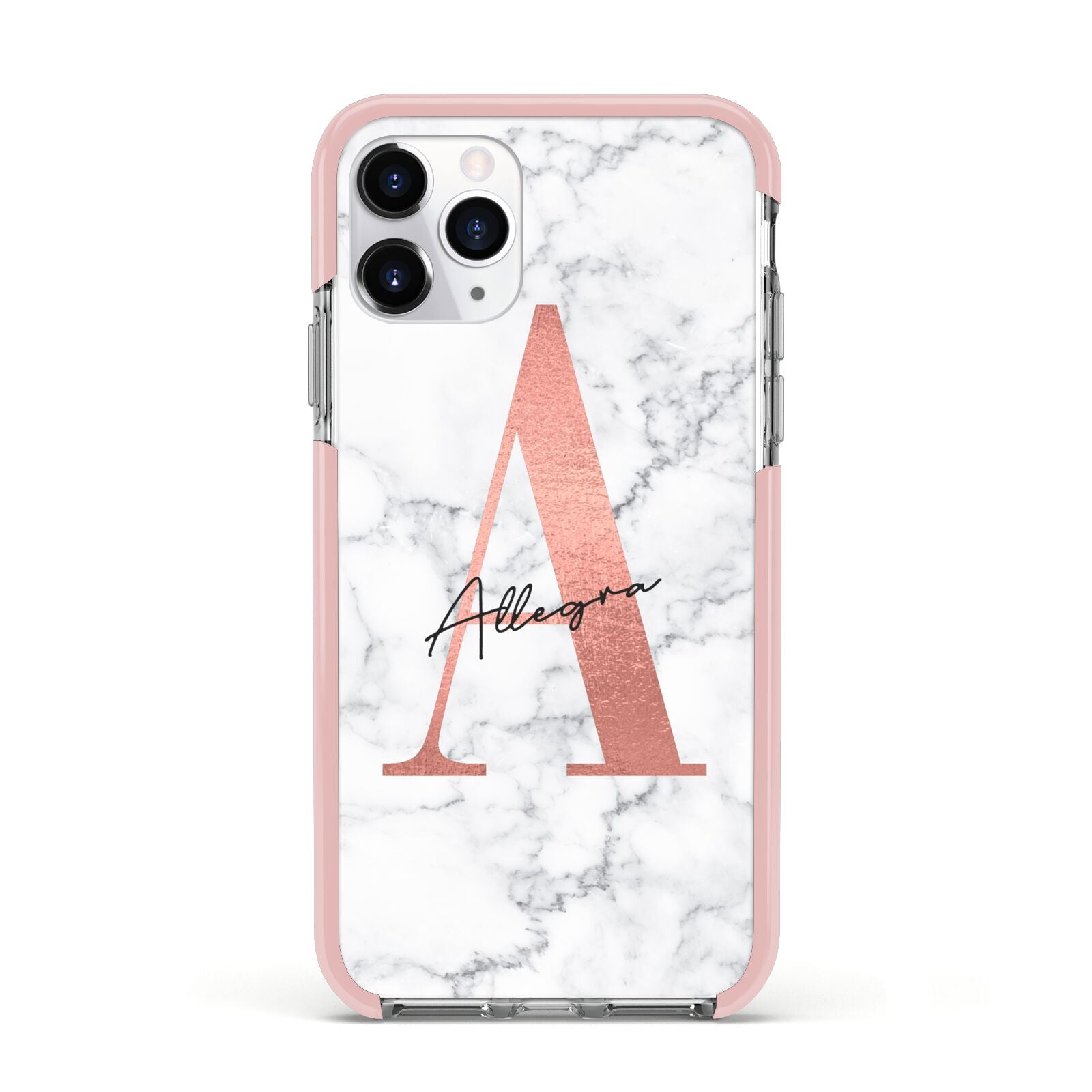 Personalised Signature Rose Gold Marble Apple iPhone 11 Pro in Silver with Pink Impact Case