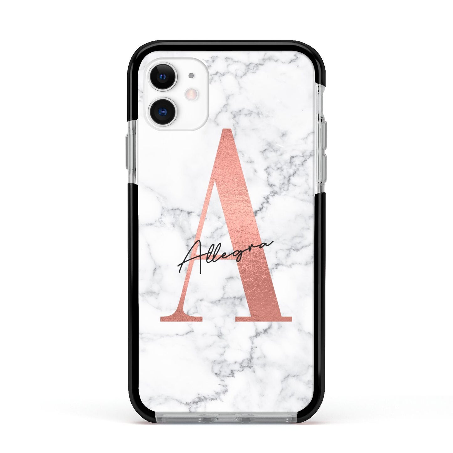 Personalised Signature Rose Gold Marble Apple iPhone 11 in White with Black Impact Case