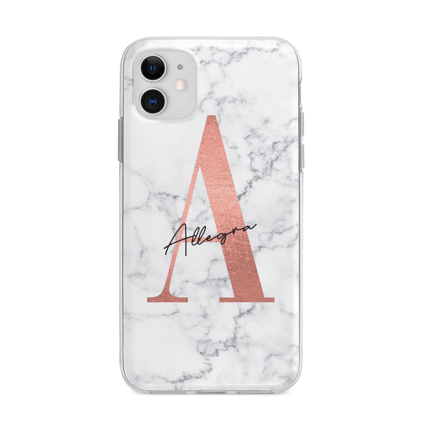 Personalised Signature Rose Gold Marble Apple iPhone 11 in White with Bumper Case