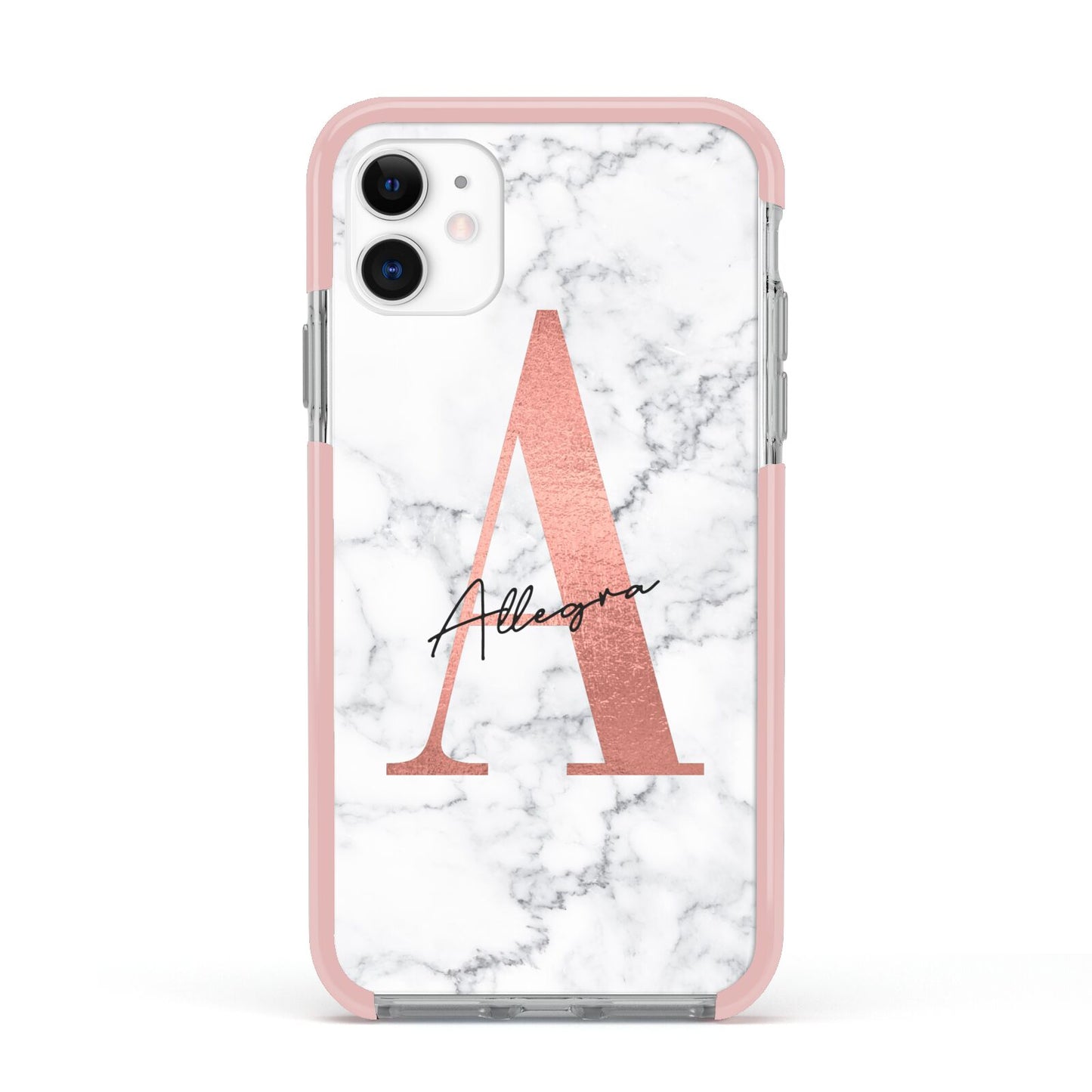 Personalised Signature Rose Gold Marble Apple iPhone 11 in White with Pink Impact Case