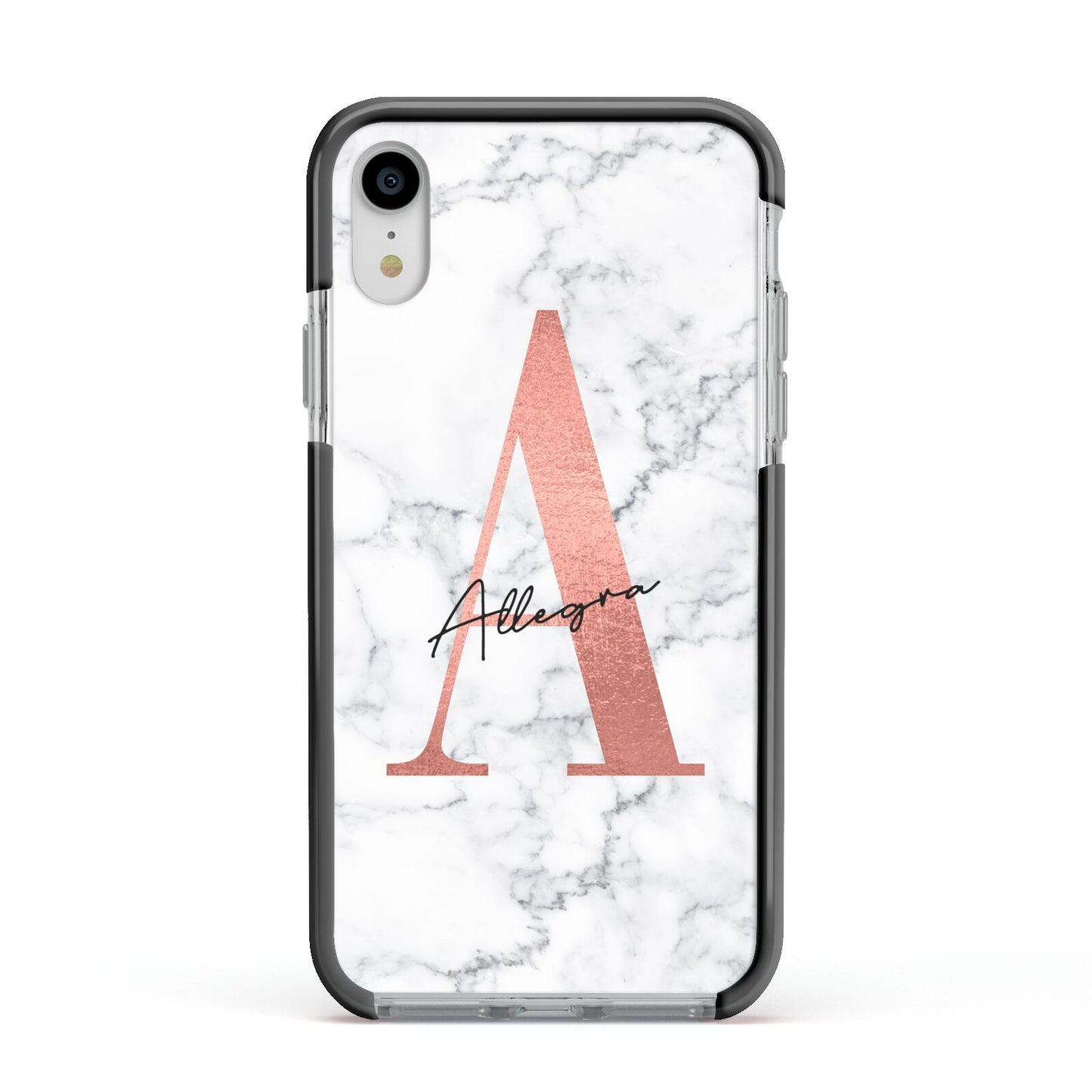 Personalised Signature Rose Gold Marble Apple iPhone XR Impact Case Black Edge on Silver Phone