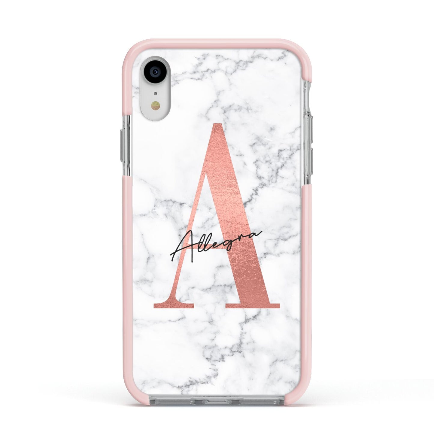 Personalised Signature Rose Gold Marble Apple iPhone XR Impact Case Pink Edge on Silver Phone