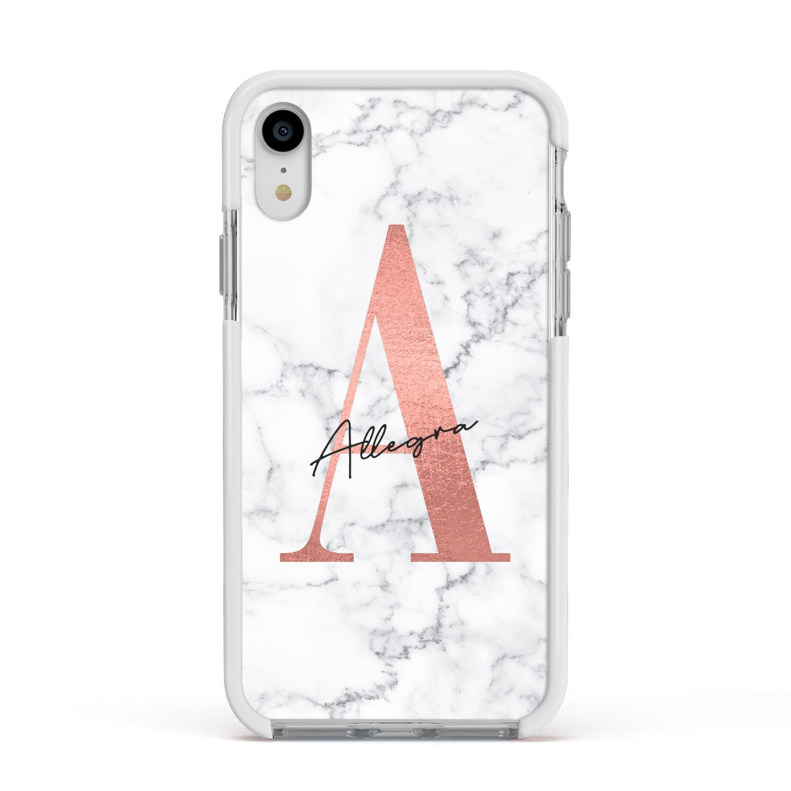 Personalised Signature Rose Gold Marble Apple iPhone XR Impact Case White Edge on Silver Phone