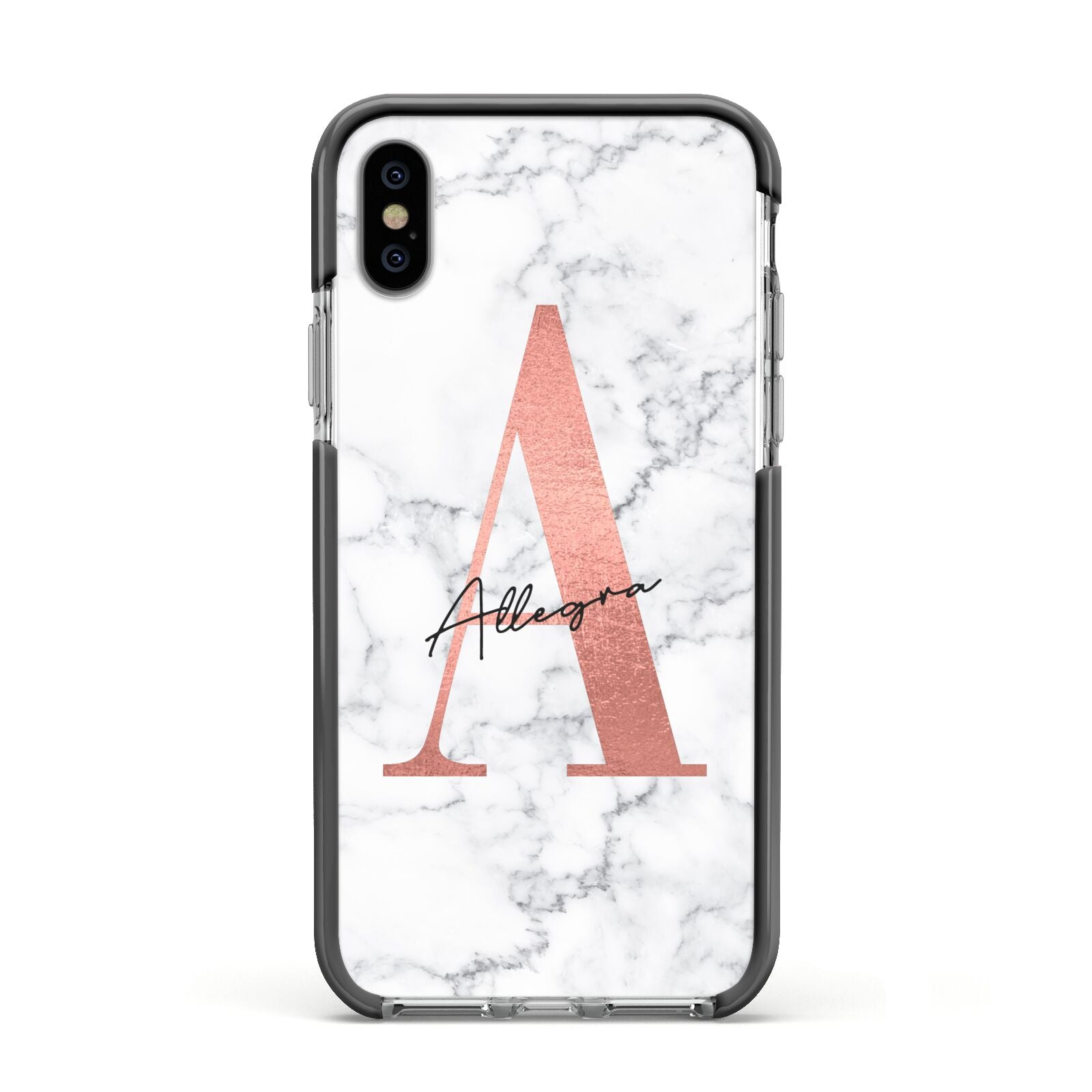 Personalised Signature Rose Gold Marble Apple iPhone Xs Impact Case Black Edge on Silver Phone