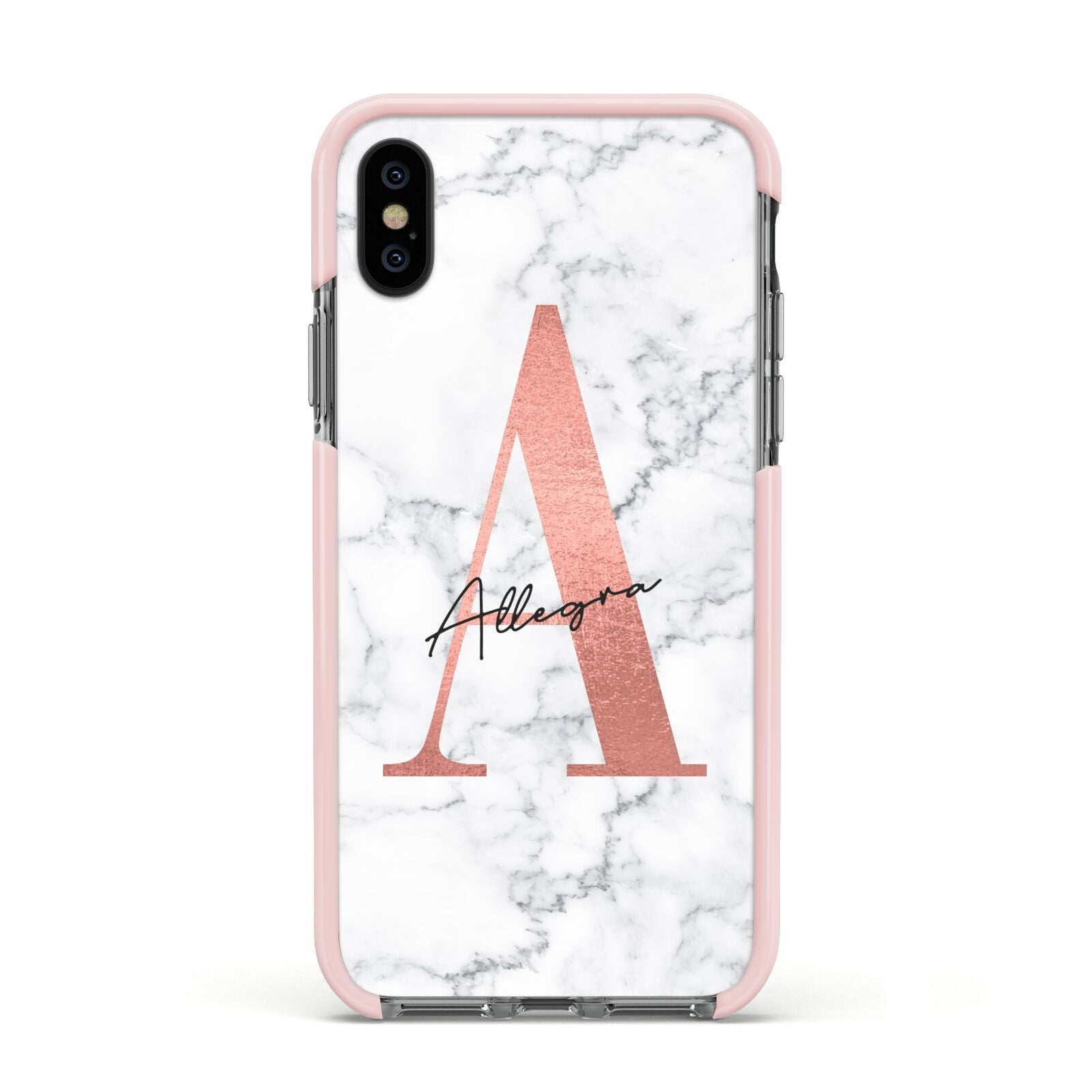 Personalised Signature Rose Gold Marble Apple iPhone Xs Impact Case Pink Edge on Black Phone