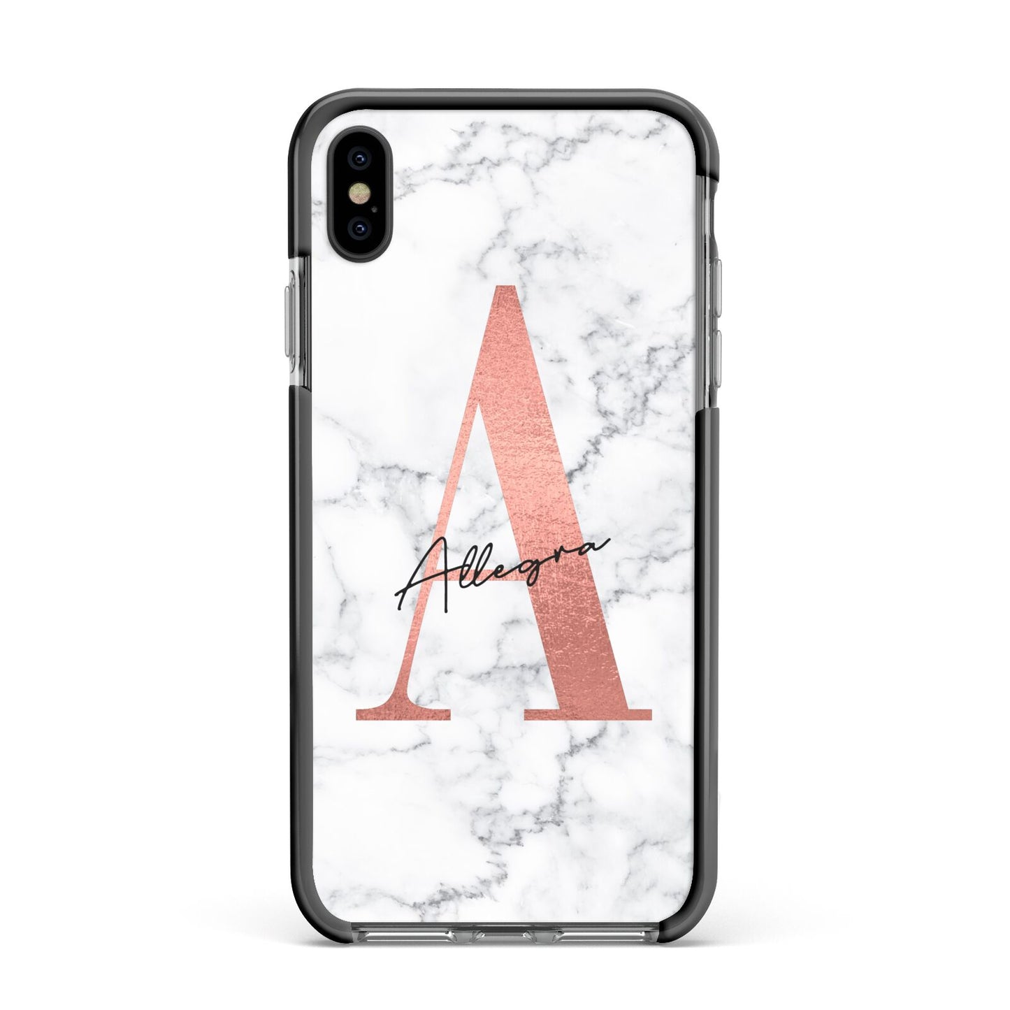 Personalised Signature Rose Gold Marble Apple iPhone Xs Max Impact Case Black Edge on Black Phone