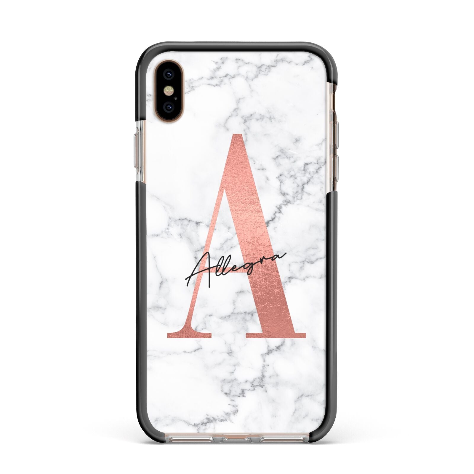 Personalised Signature Rose Gold Marble Apple iPhone Xs Max Impact Case Black Edge on Gold Phone
