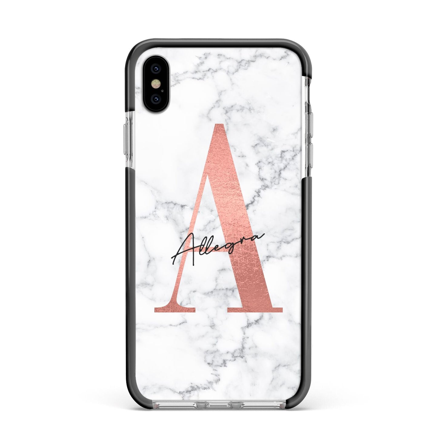 Personalised Signature Rose Gold Marble Apple iPhone Xs Max Impact Case Black Edge on Silver Phone