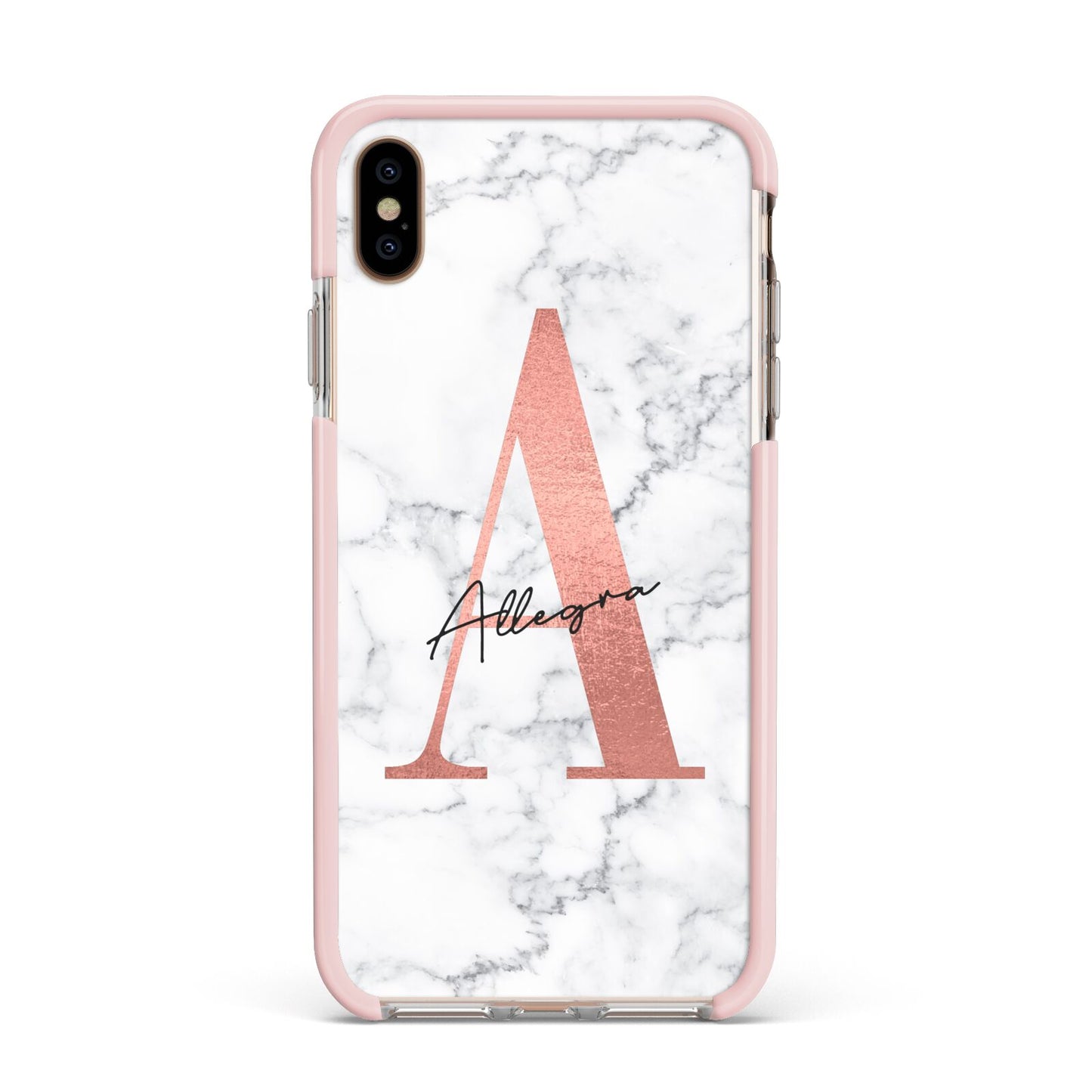 Personalised Signature Rose Gold Marble Apple iPhone Xs Max Impact Case Pink Edge on Gold Phone