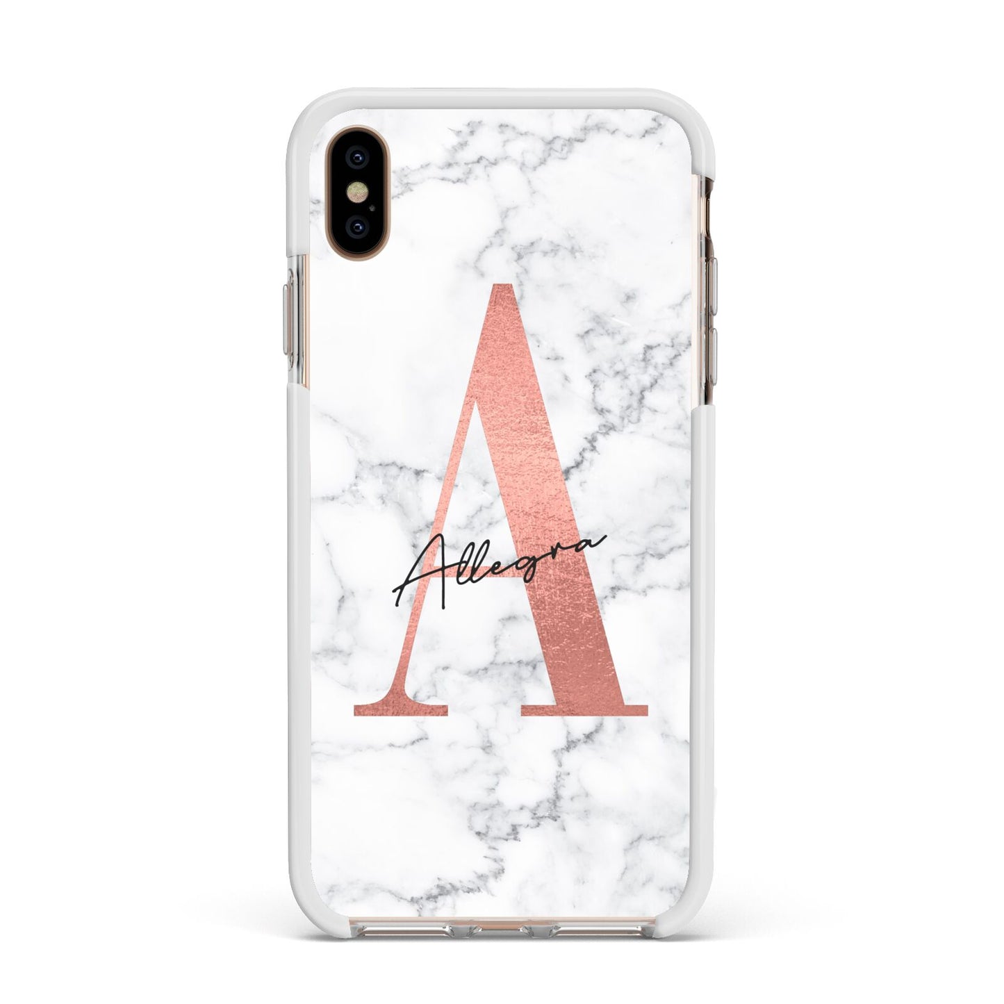 Personalised Signature Rose Gold Marble Apple iPhone Xs Max Impact Case White Edge on Gold Phone