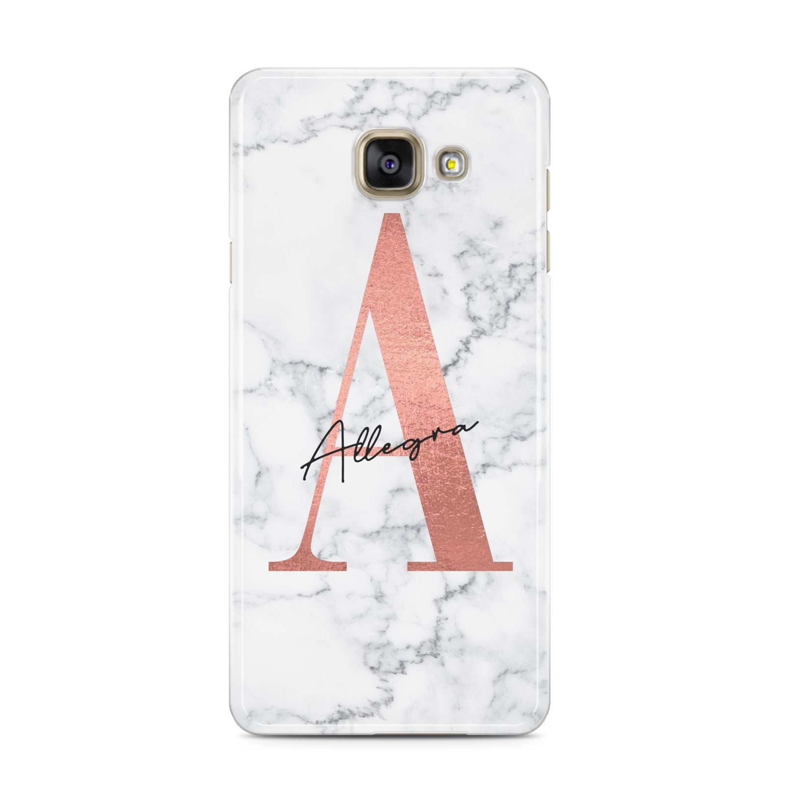 Personalised Signature Rose Gold Marble Samsung Galaxy A3 2016 Case on gold phone