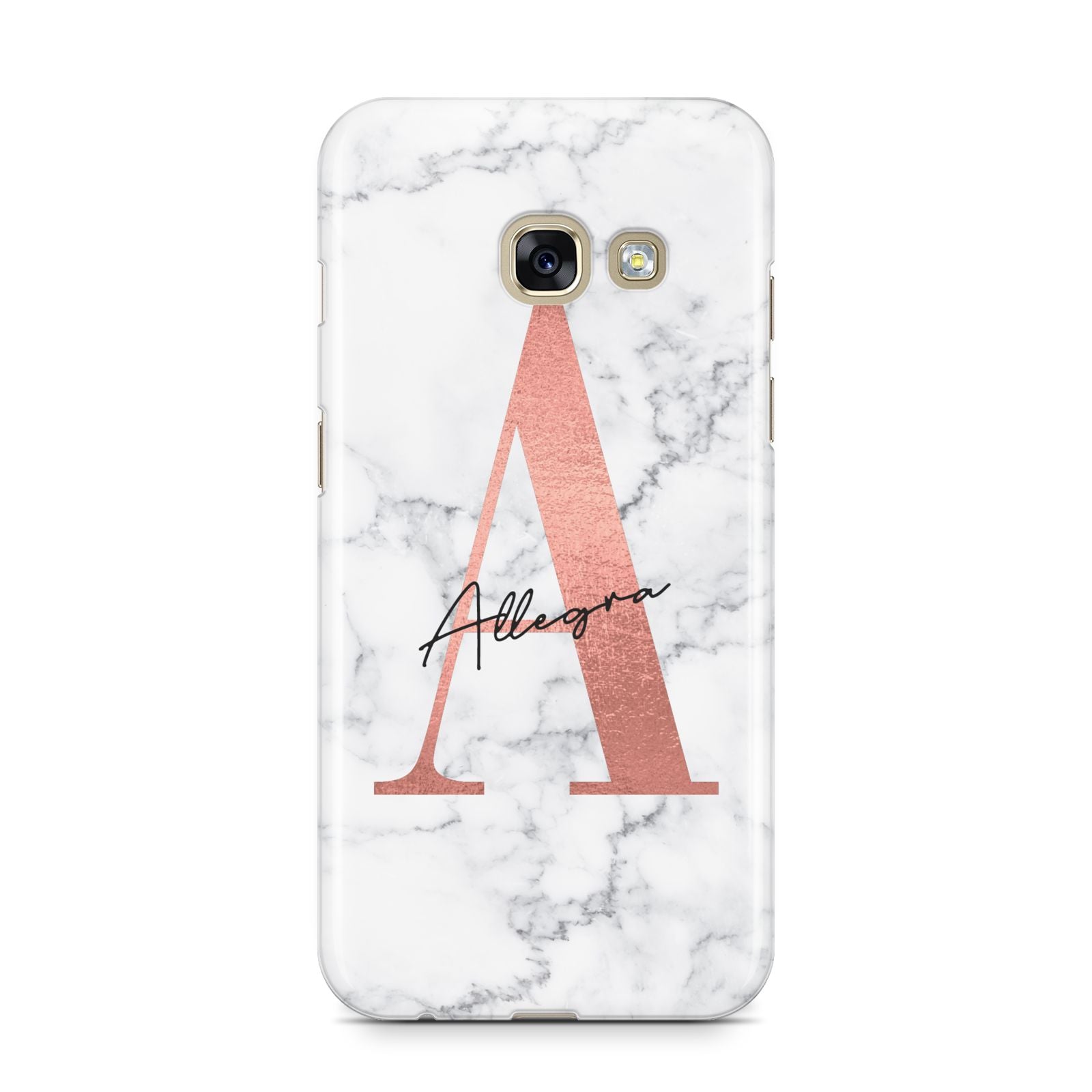 Personalised Signature Rose Gold Marble Samsung Galaxy A3 2017 Case on gold phone