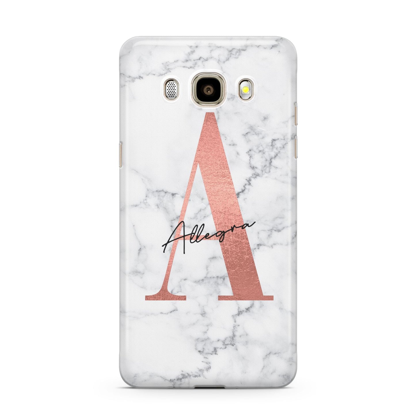 Personalised Signature Rose Gold Marble Samsung Galaxy J7 2016 Case on gold phone