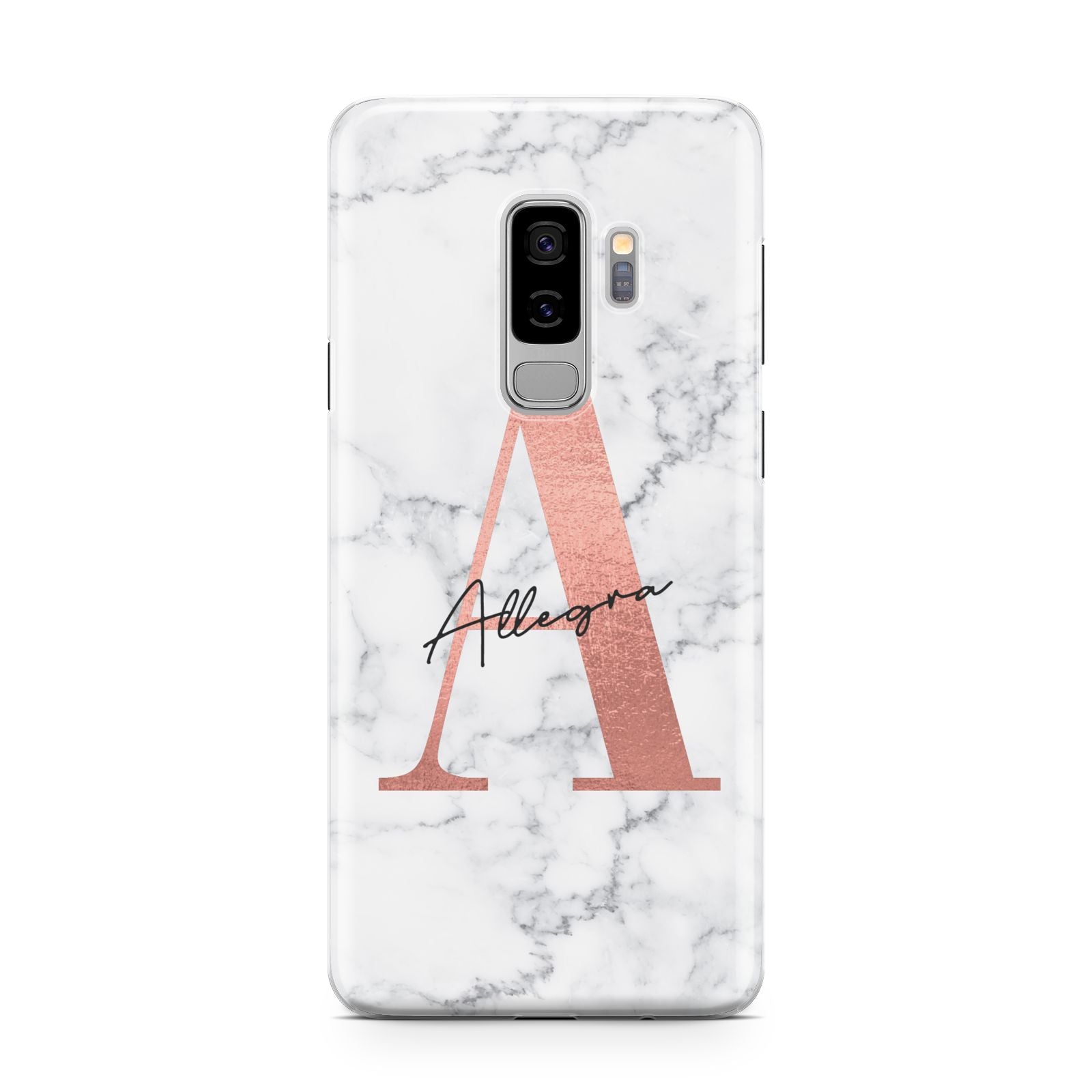 Personalised Signature Rose Gold Marble Samsung Galaxy S9 Plus Case on Silver phone