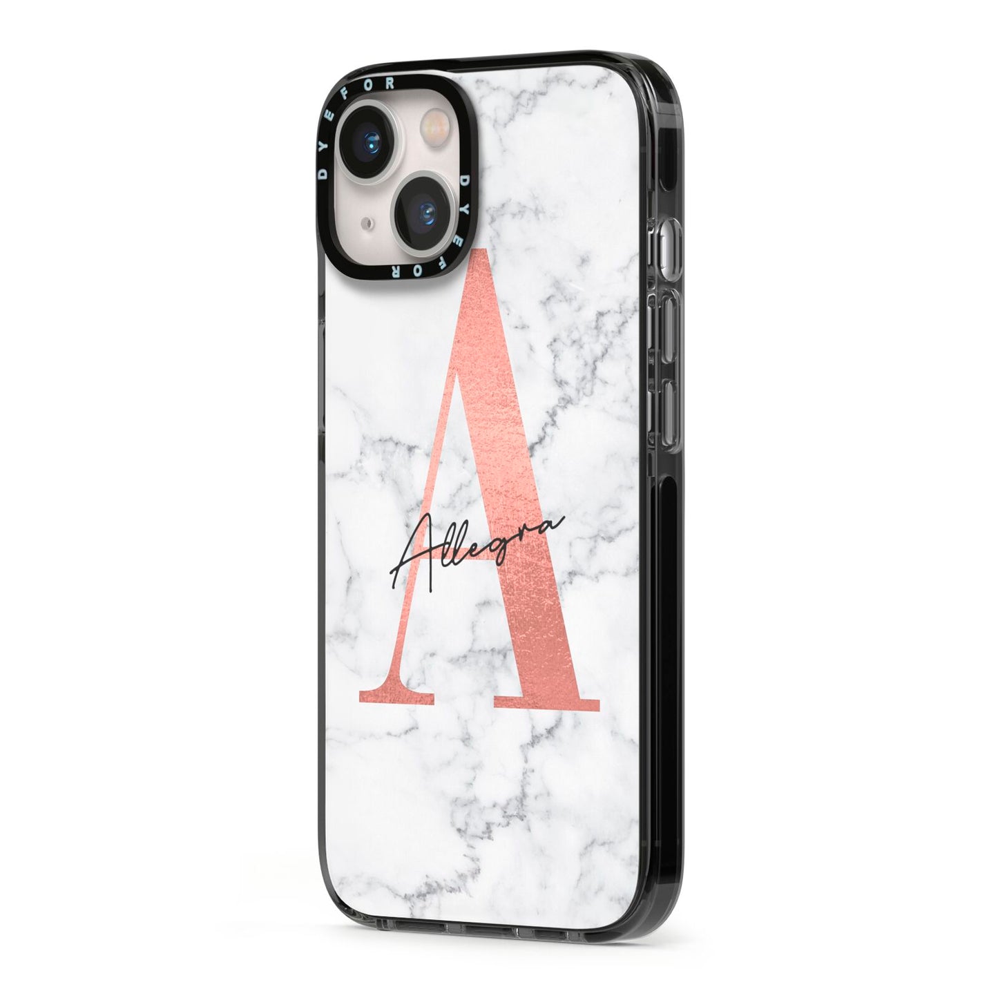 Personalised Signature Rose Gold Marble iPhone 13 Black Impact Case Side Angle on Silver phone