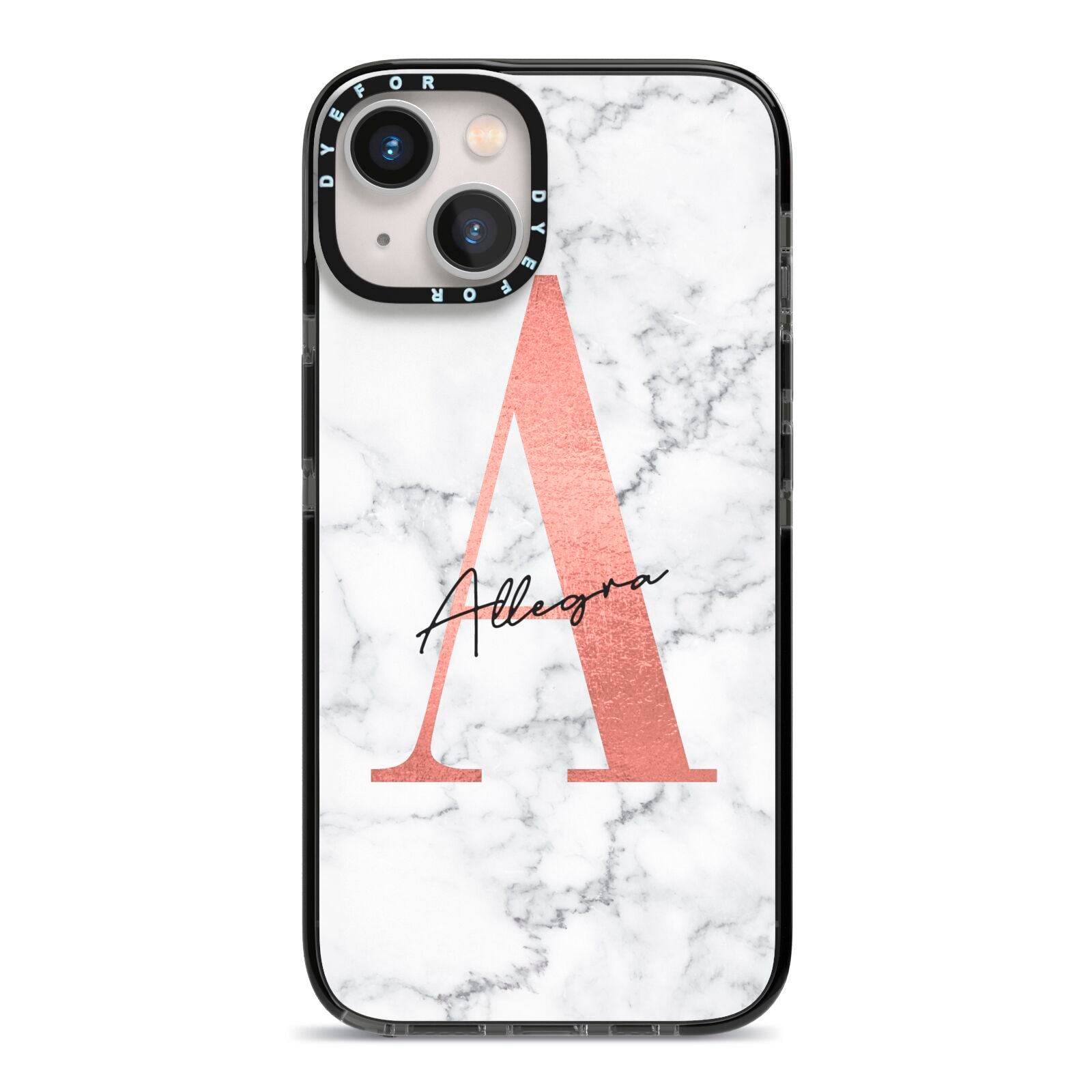 Personalised Signature Rose Gold Marble iPhone 13 Black Impact Case on Silver phone