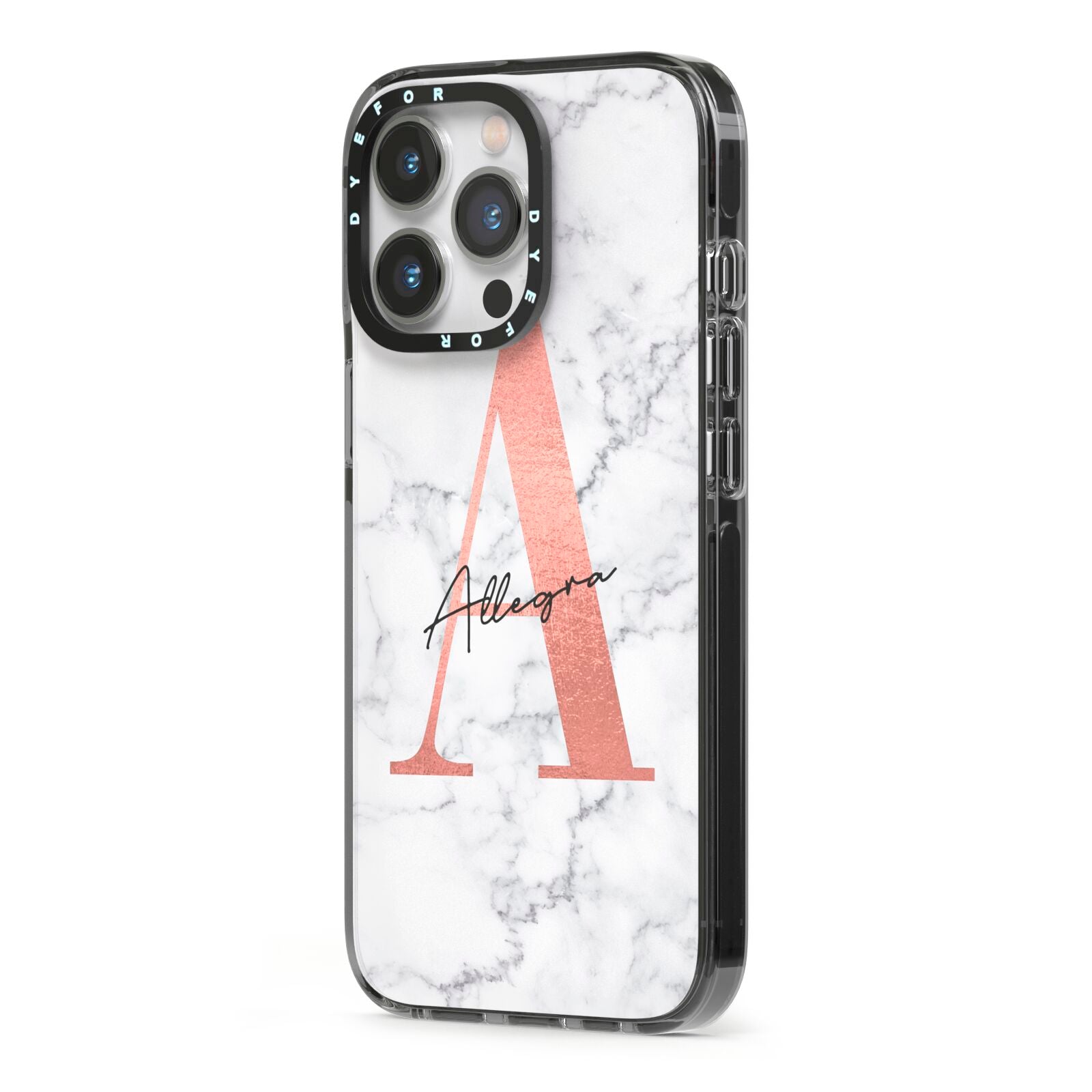 Personalised Signature Rose Gold Marble iPhone 13 Pro Black Impact Case Side Angle on Silver phone