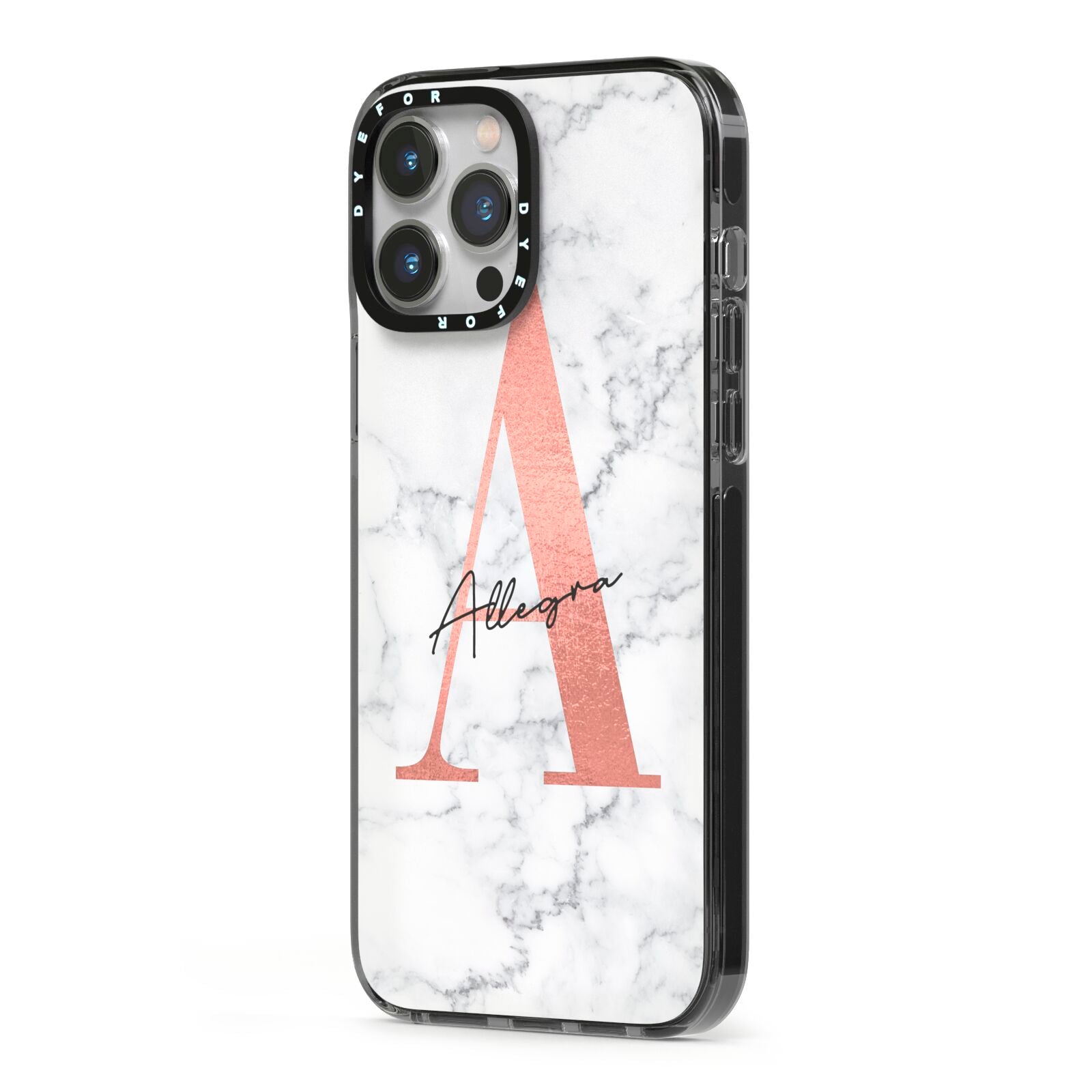 Personalised Signature Rose Gold Marble iPhone 13 Pro Max Black Impact Case Side Angle on Silver phone