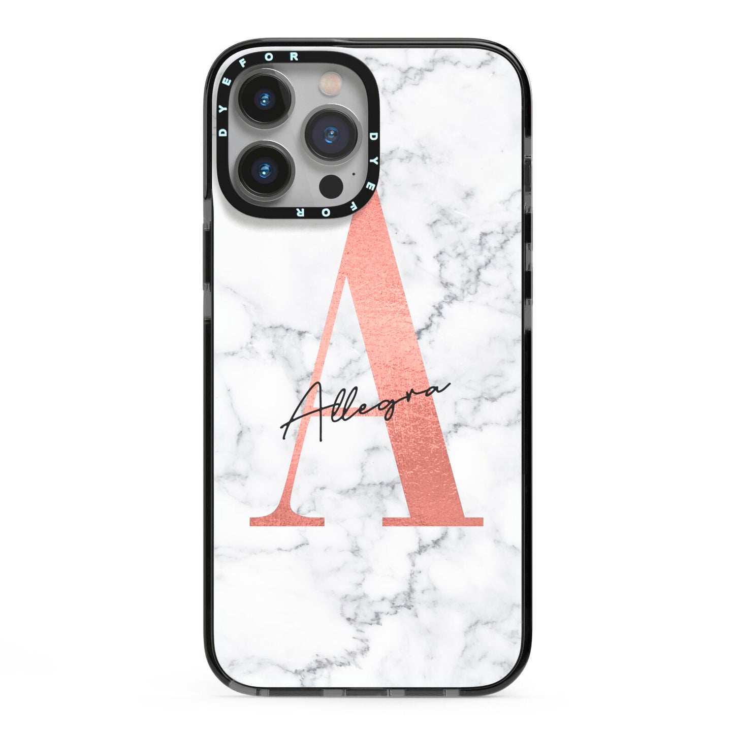 Personalised Signature Rose Gold Marble iPhone 13 Pro Max Black Impact Case on Silver phone