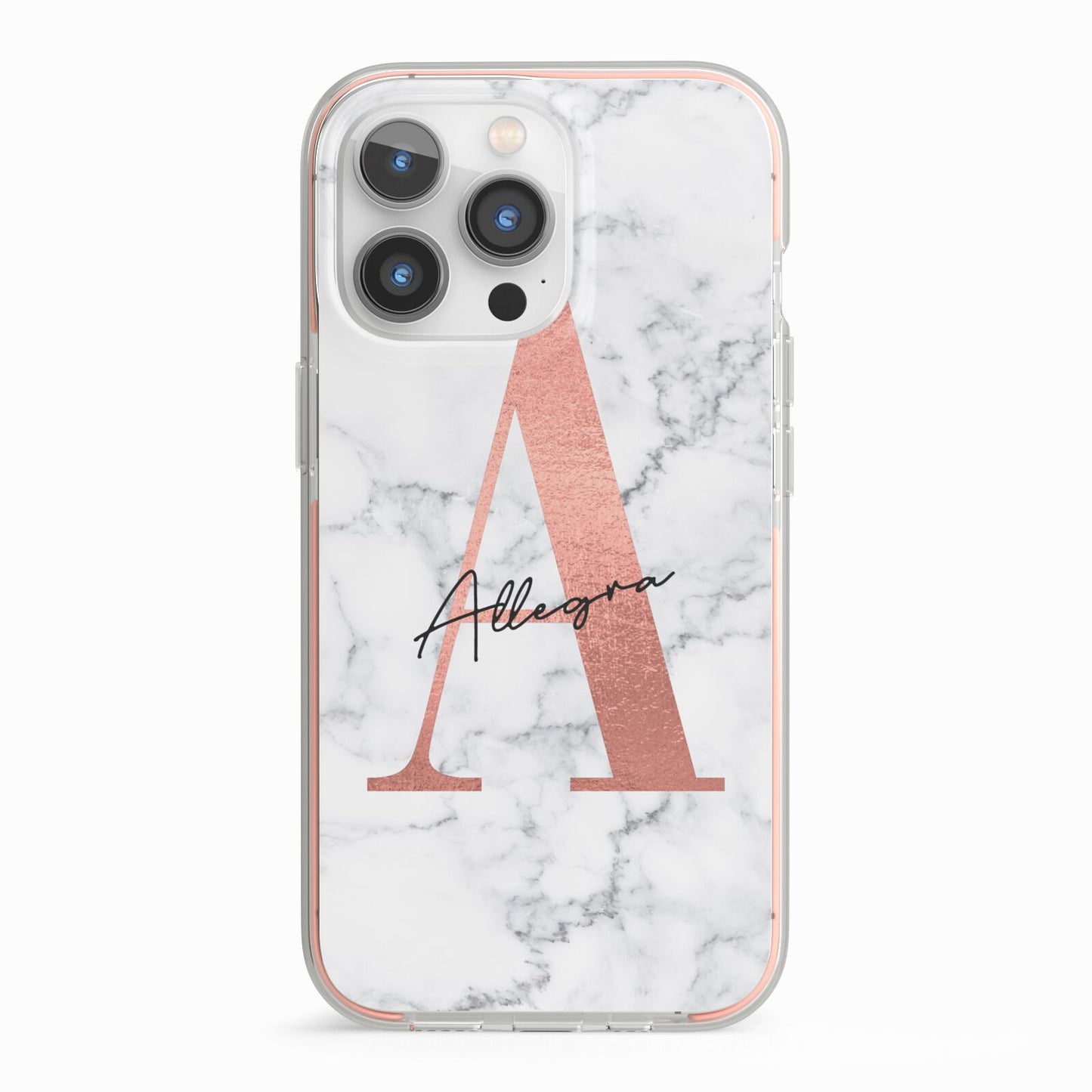Personalised Signature Rose Gold Marble iPhone 13 Pro TPU Impact Case with Pink Edges
