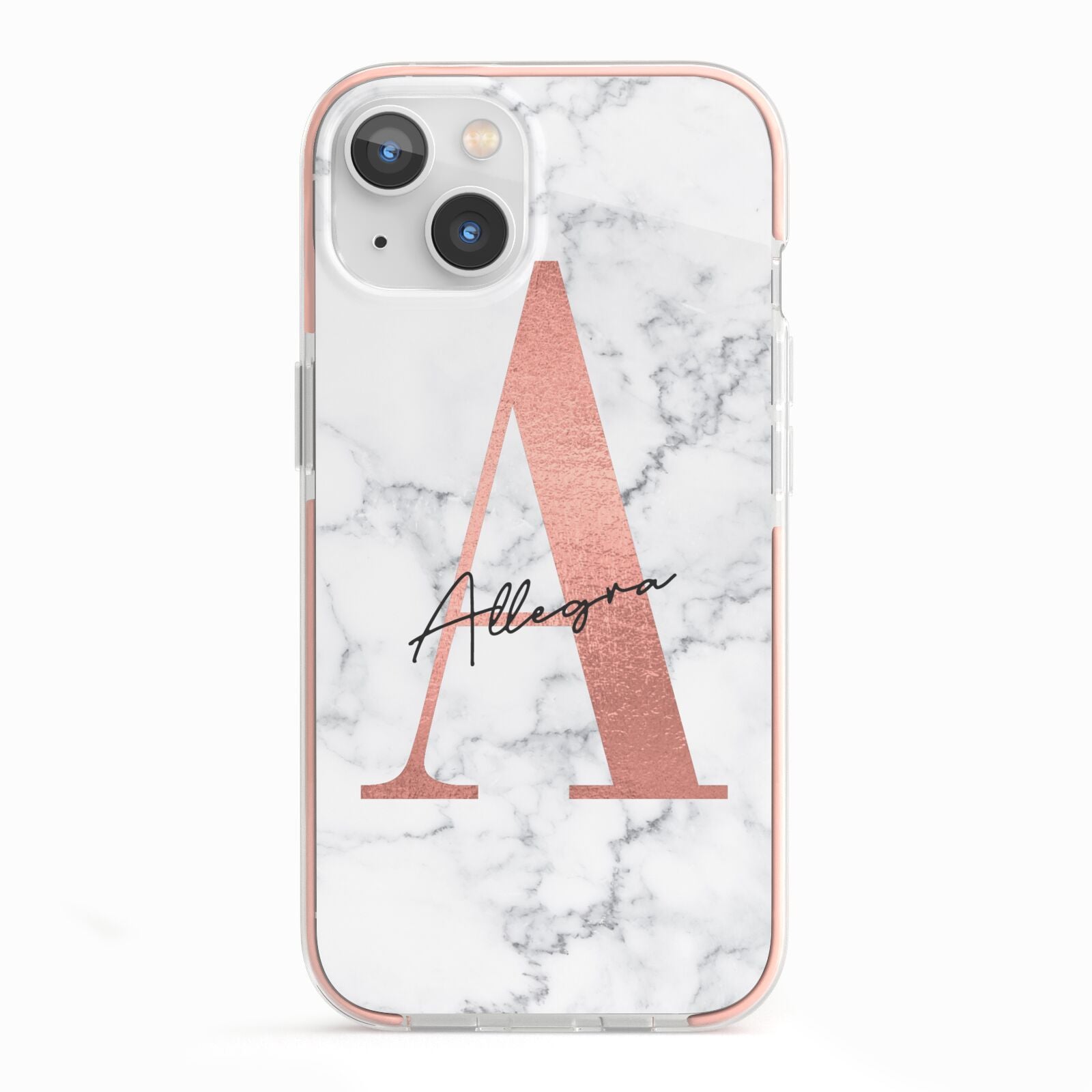 Personalised Signature Rose Gold Marble iPhone 13 TPU Impact Case with Pink Edges