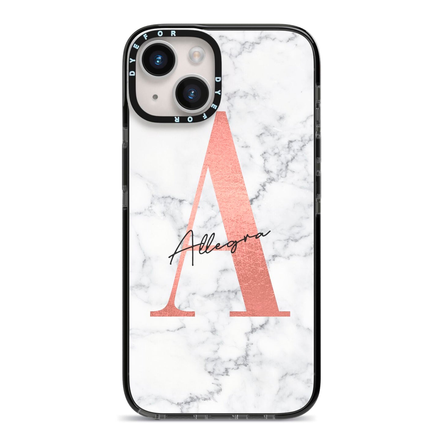 Personalised Signature Rose Gold Marble iPhone 14 Black Impact Case on Silver phone