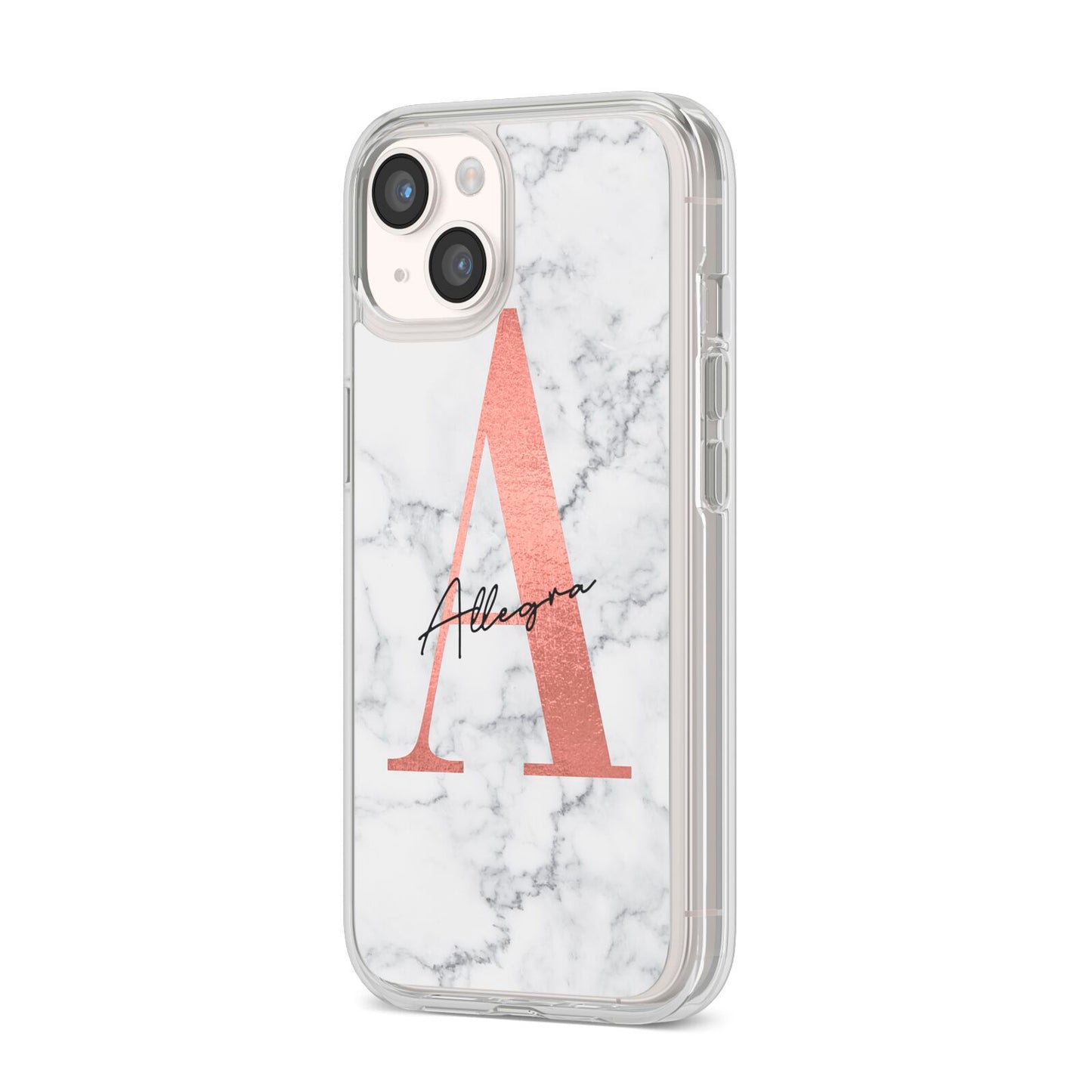 Personalised Signature Rose Gold Marble iPhone 14 Clear Tough Case Starlight Angled Image