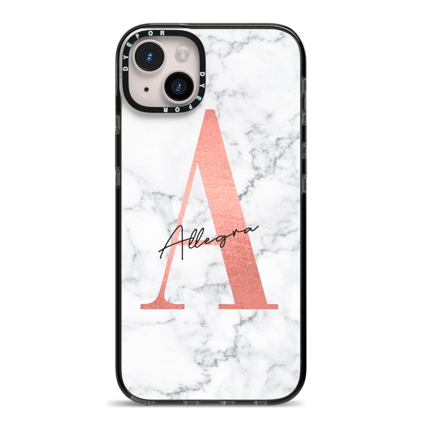 Personalised Signature Rose Gold Marble iPhone 14 Plus Black Impact Case on Silver phone