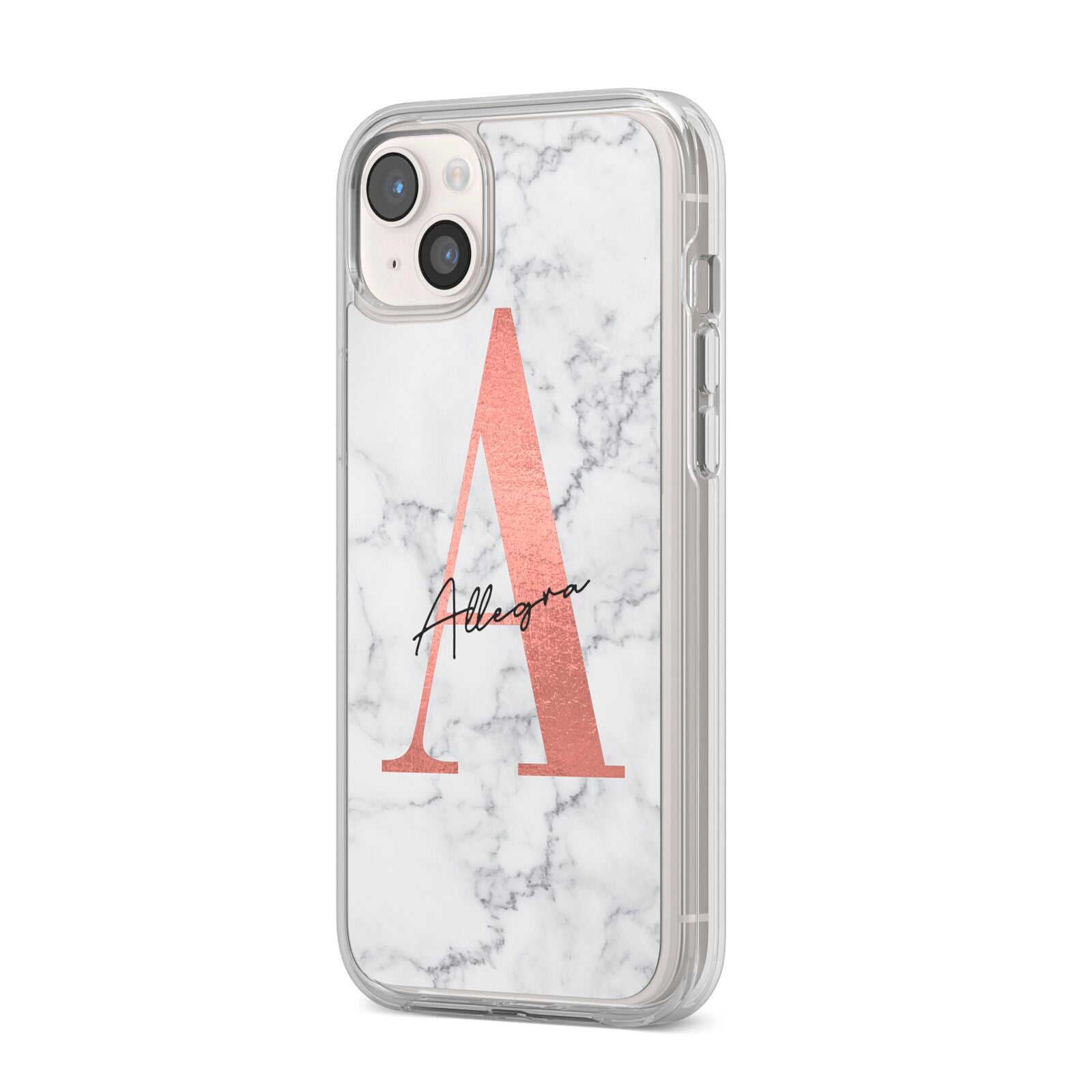 Personalised Signature Rose Gold Marble iPhone 14 Plus Clear Tough Case Starlight Angled Image