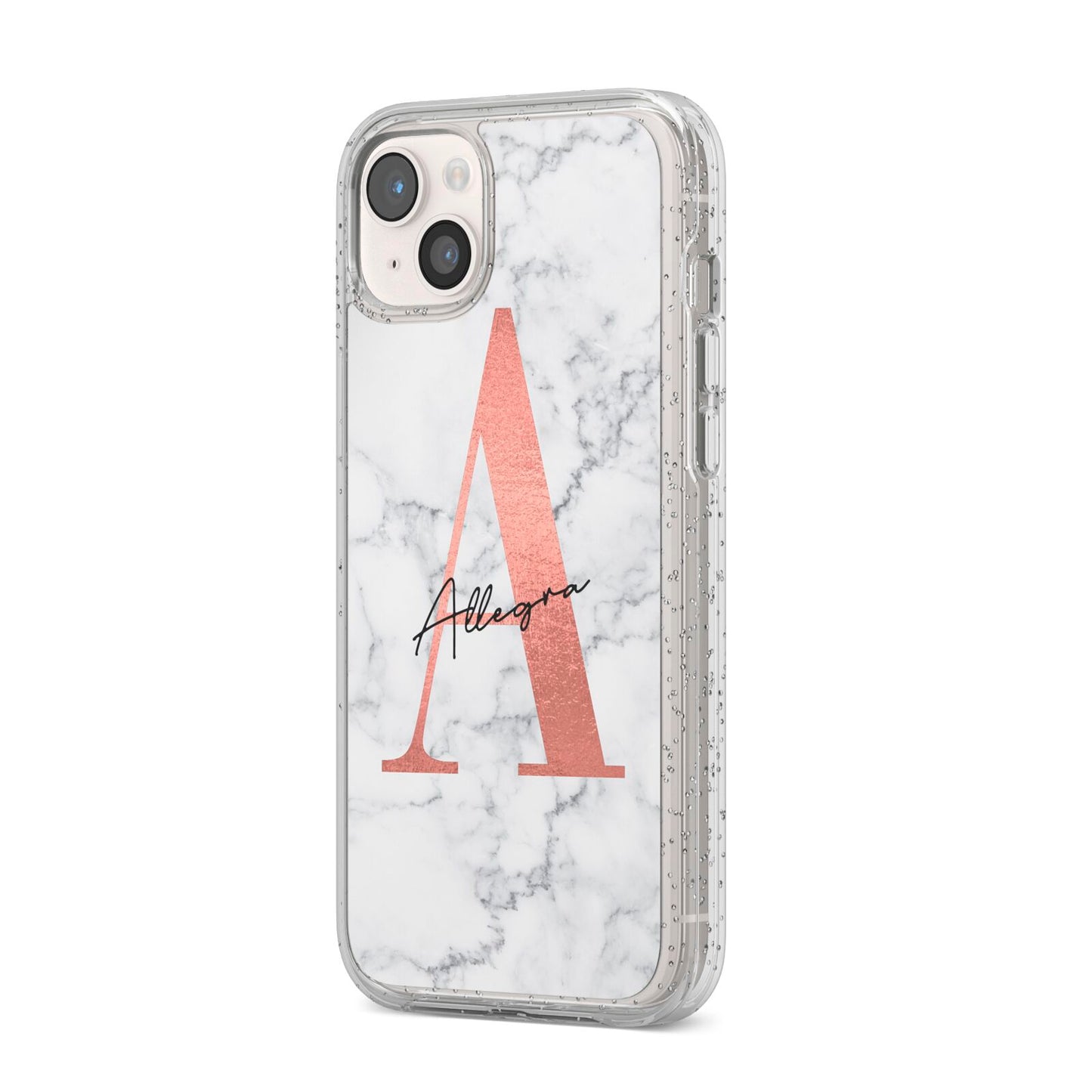 Personalised Signature Rose Gold Marble iPhone 14 Plus Glitter Tough Case Starlight Angled Image