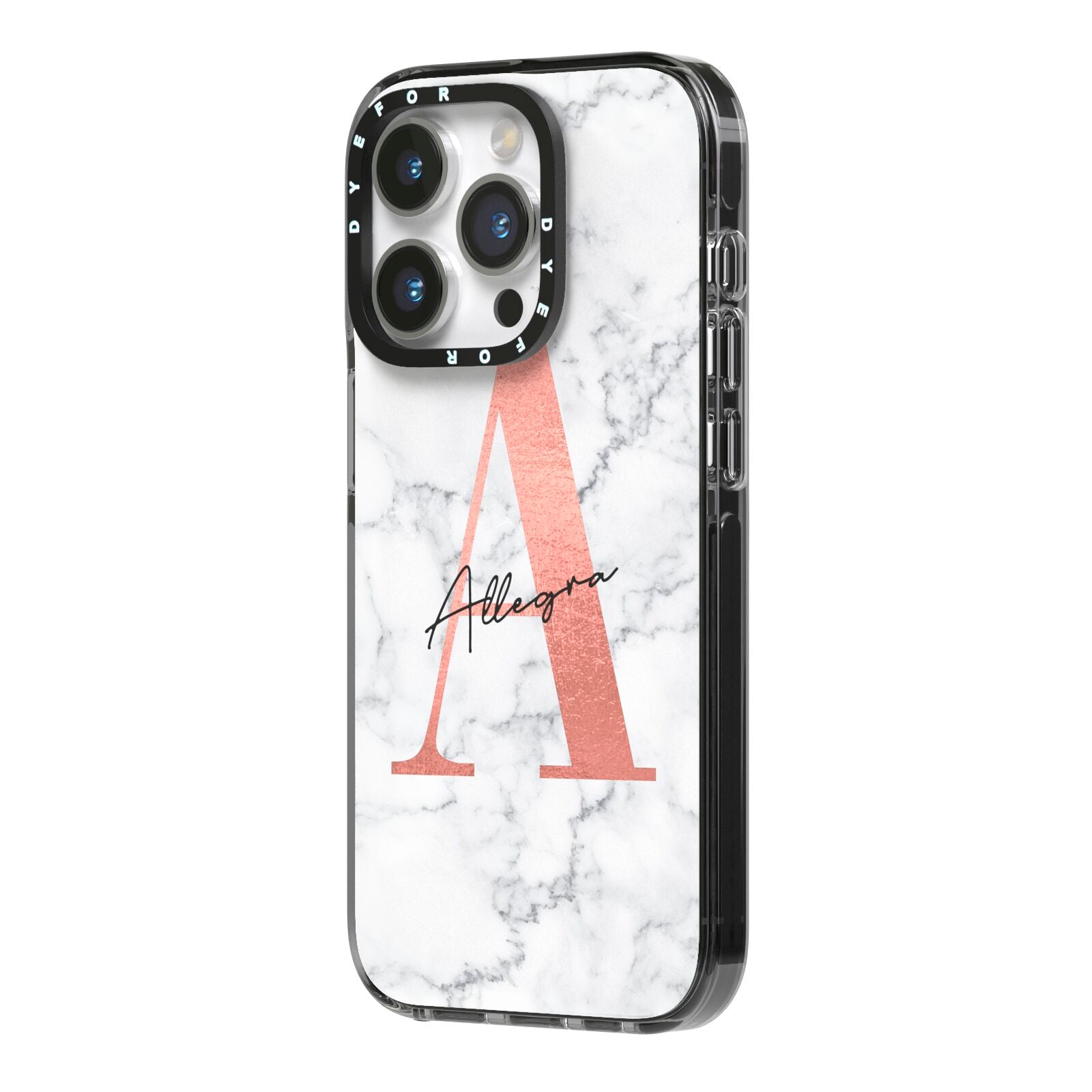 Personalised Signature Rose Gold Marble iPhone 14 Pro Black Impact Case Side Angle on Silver phone