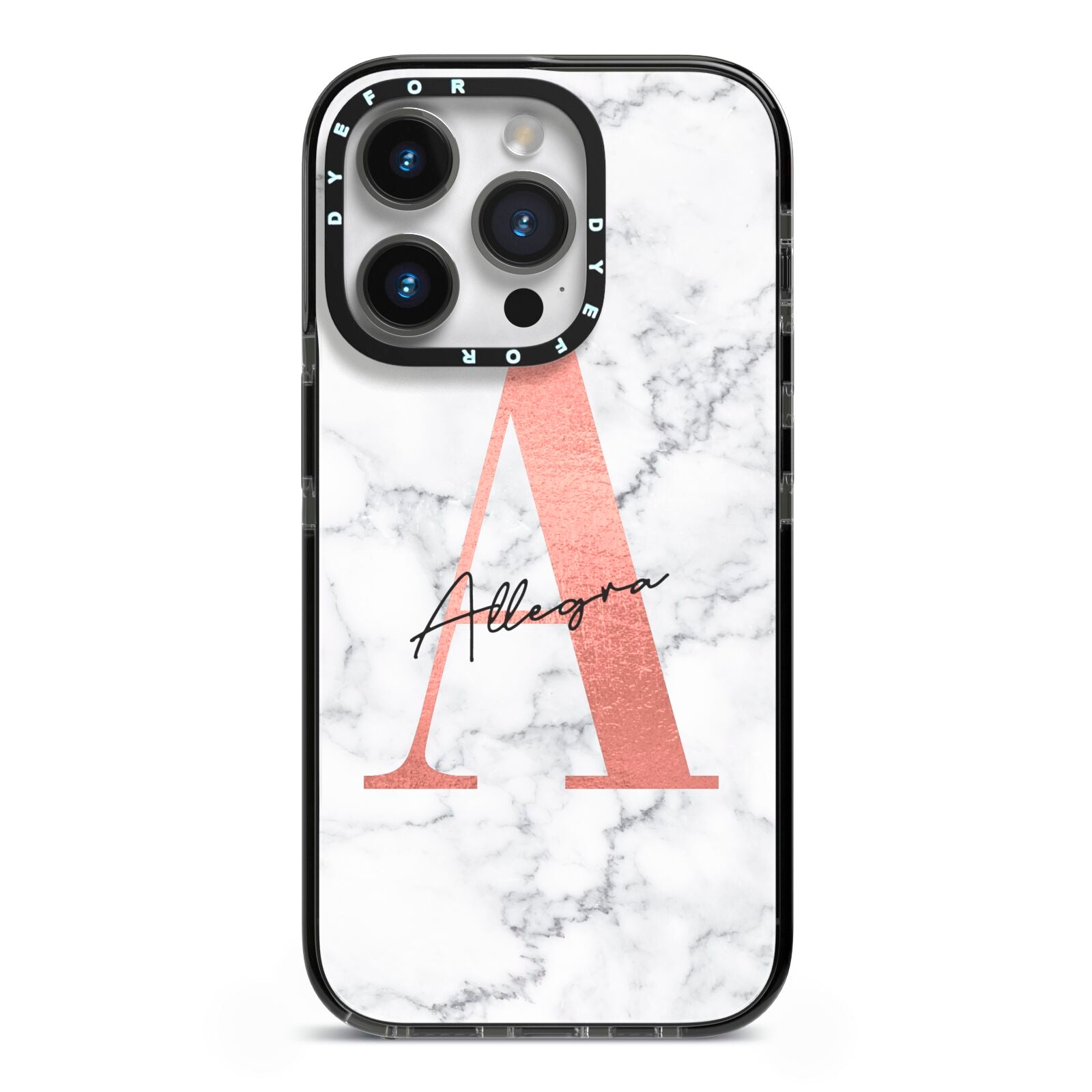 Personalised Signature Rose Gold Marble iPhone 14 Pro Black Impact Case on Silver phone